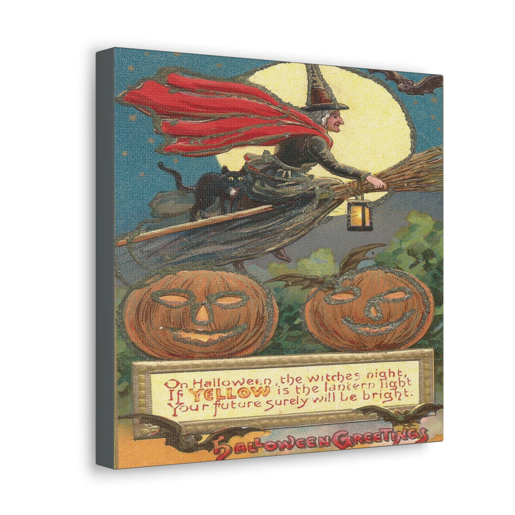 Witch Black Cat Retro Halloween Decor Print Canvas Gallery Wrap