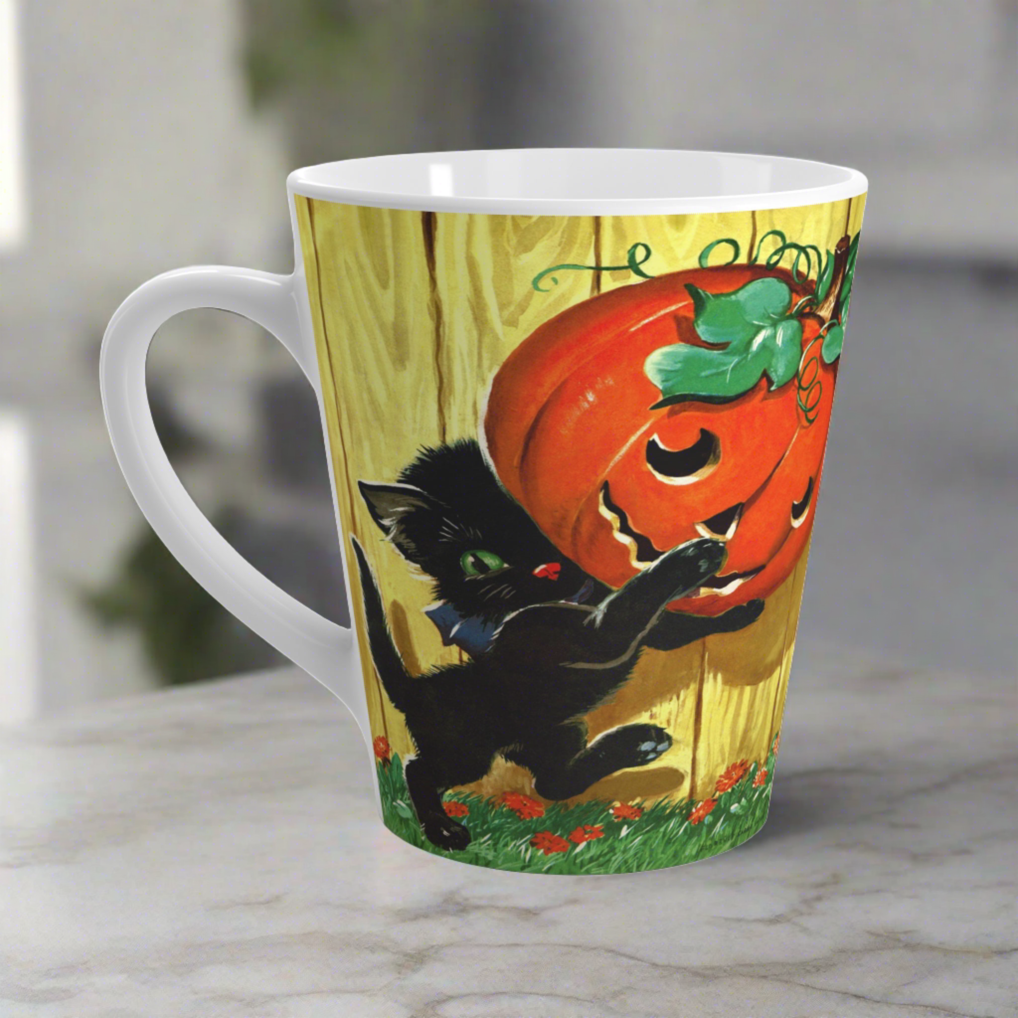 Black Cat With Pumpkin Jack O Lantern Retro Halloween Print Latte Coffee Mug
