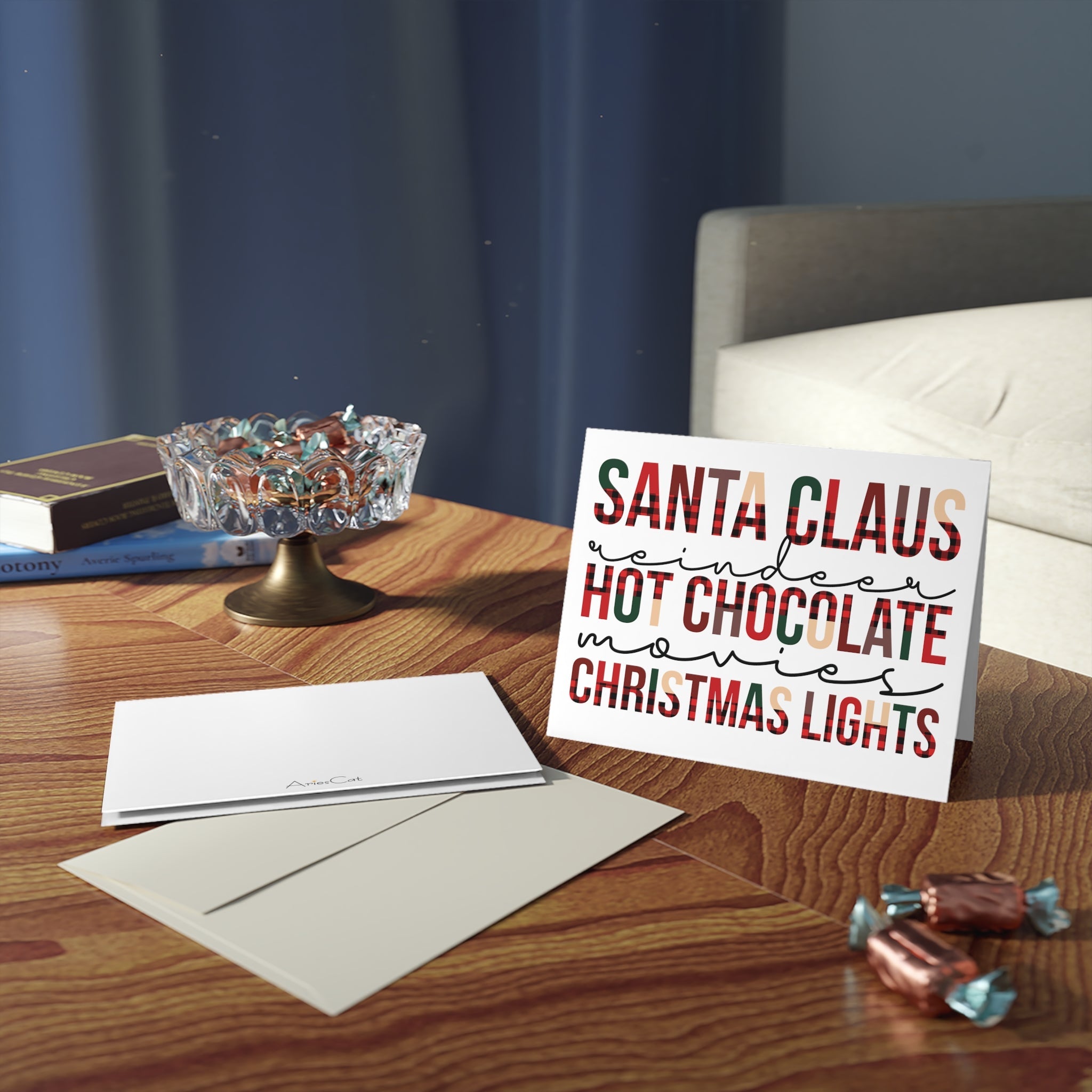 Santa Claus Reindeer Hot Chocolate Movies Christmas Lights Christmas Matte Greeting Cards (8, 16, and 24 pcs)