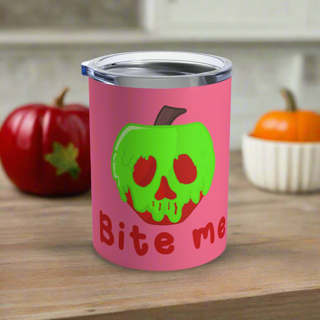 Bite Me Snow White Evil Queen Poison Apple Pink Halloween Stainless Steel Tumbler 10oz