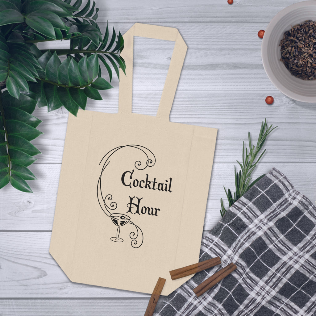 Cocktail Hour Canvas Wine Tote Bag Double Bottle Holder Retro Style Print
