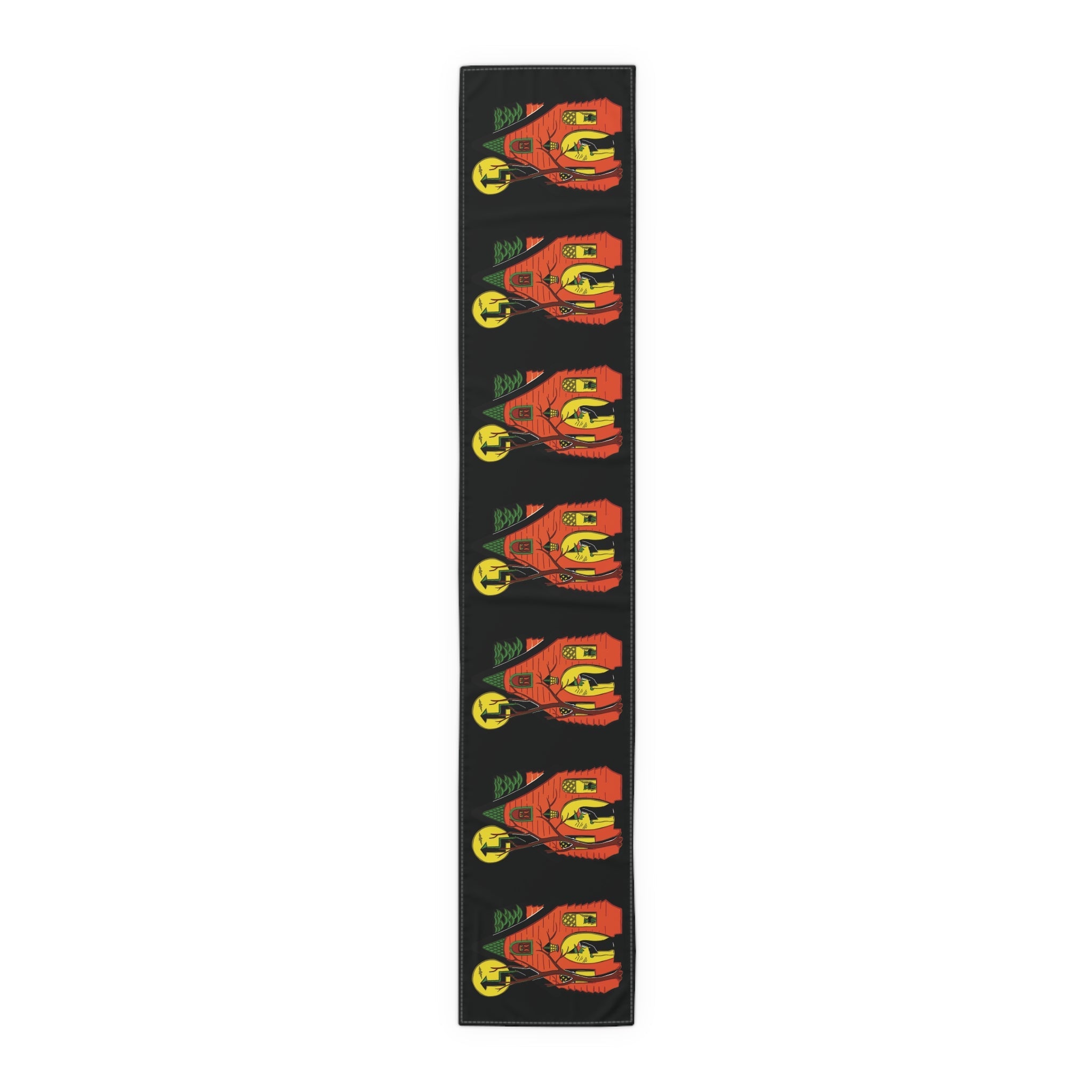 Halloween Table Runner: Green Witch Black Cat Orange House Retro Halloween Print Decor Cotton Poly Table Runner
