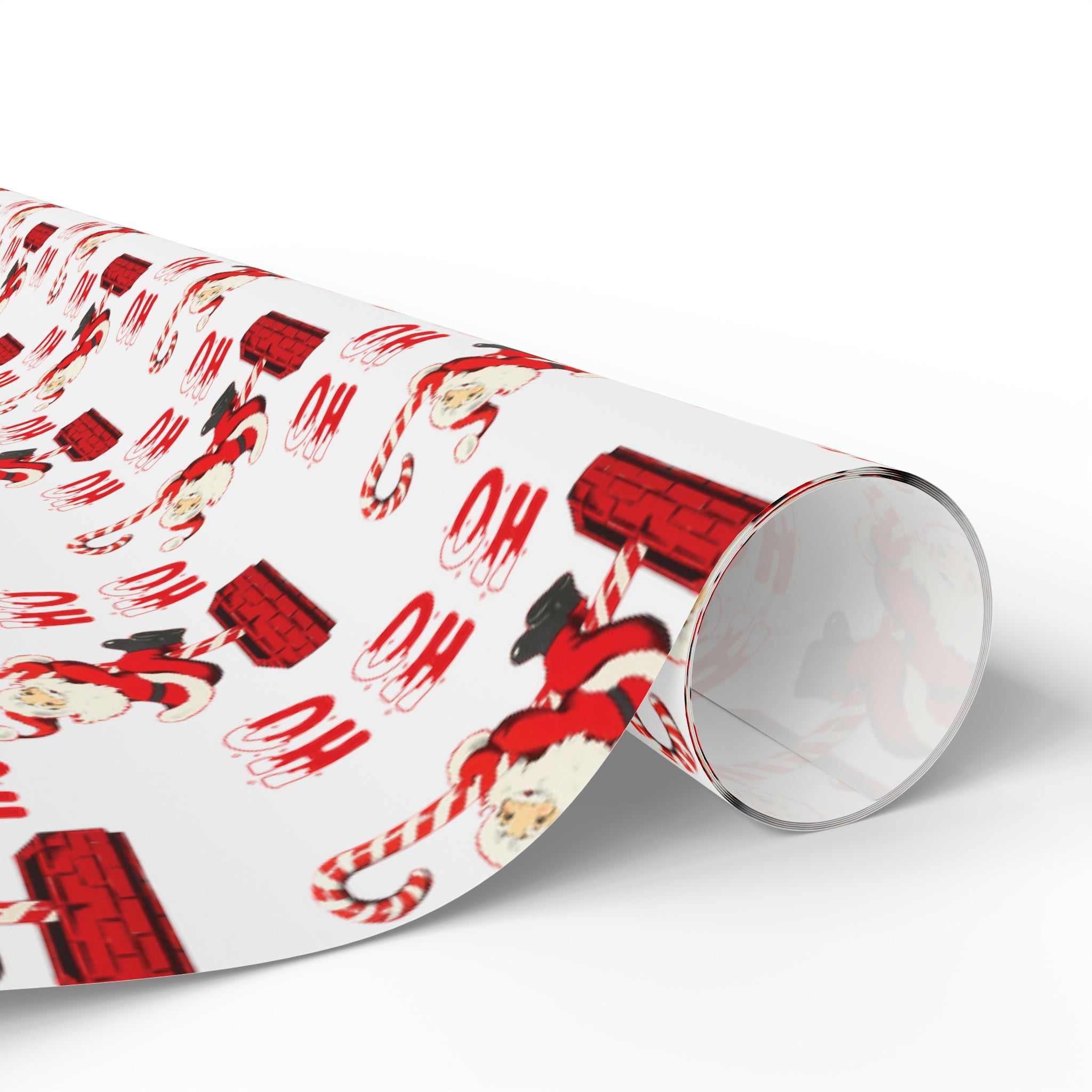 Ho Ho Ho Santa Sliding Down Candy Cane Chimney Mid Century Retro Style Holiday Gift Wrap Paper - Glossy Or Matte