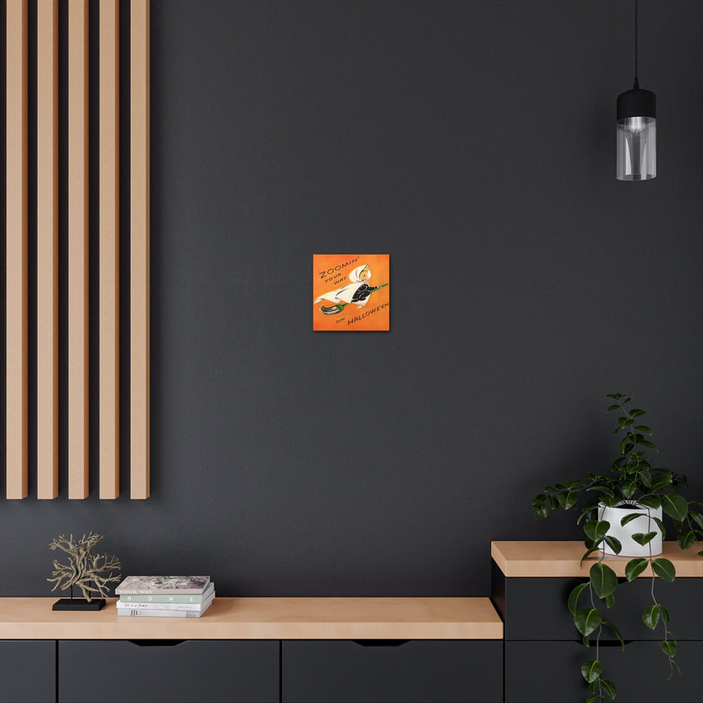Zoomin' Your Way On Halloween Orange Witch On Broom Retro Halloween Decor Print Canvas Gallery Wrap