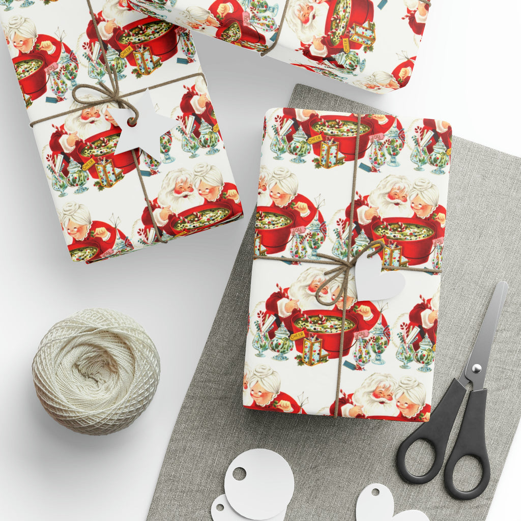 Santa And Mrs Claus Making Christmas Cheer Retro Holiday Gift Wrap Paper - Glossy Or Matte