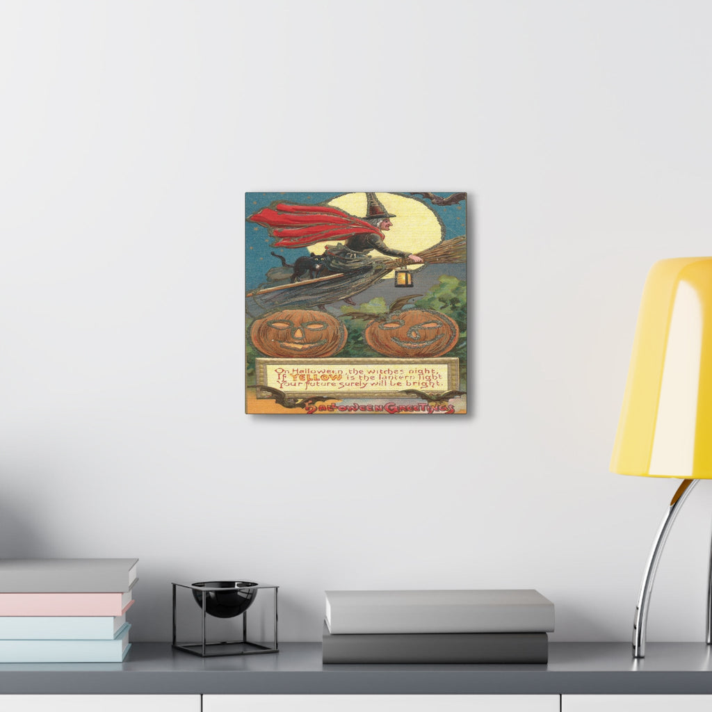 Witch Black Cat Retro Halloween Decor Print Canvas Gallery Wrap