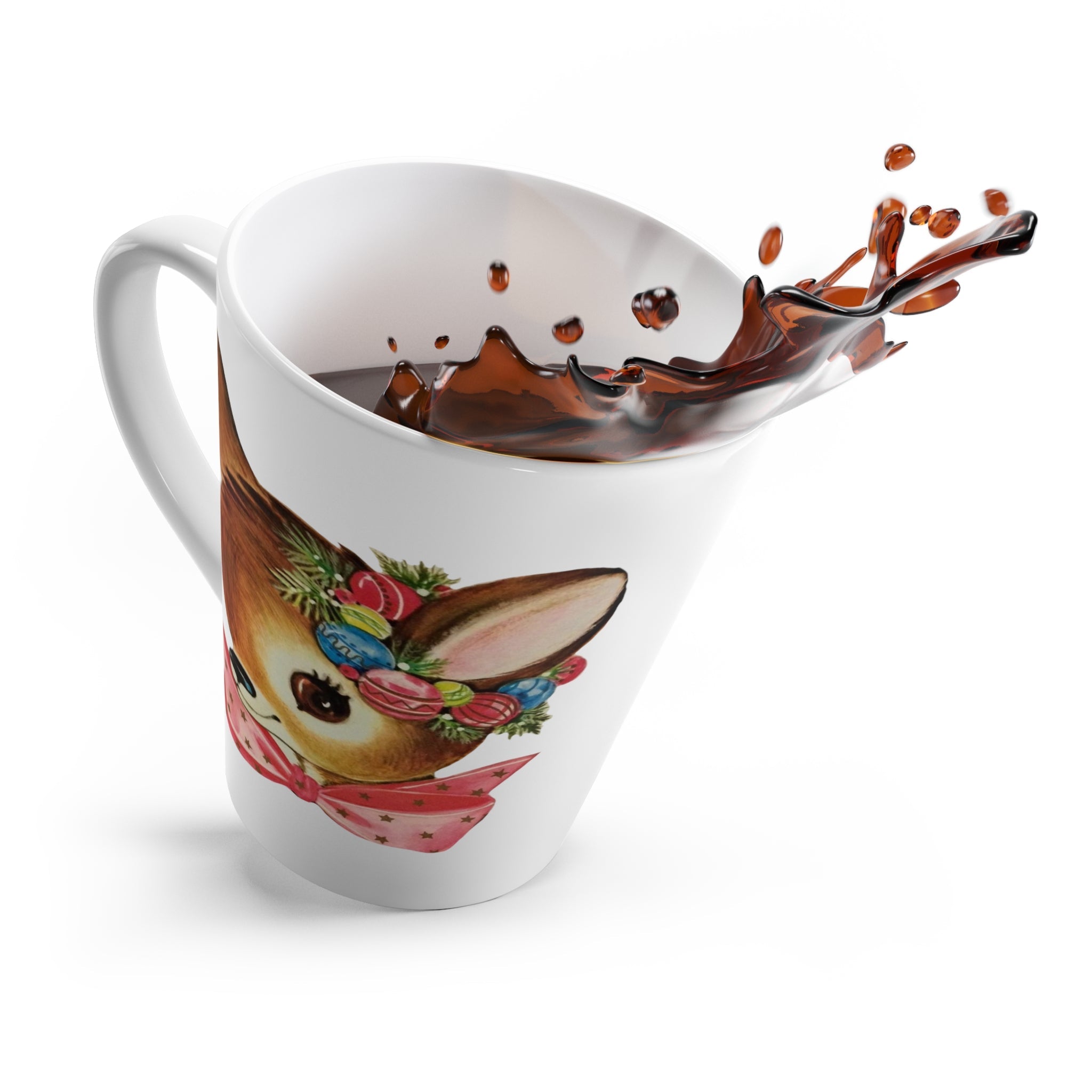 Reindeer With Pink Bow Mid Century Retro Christmas Print Latte Mug