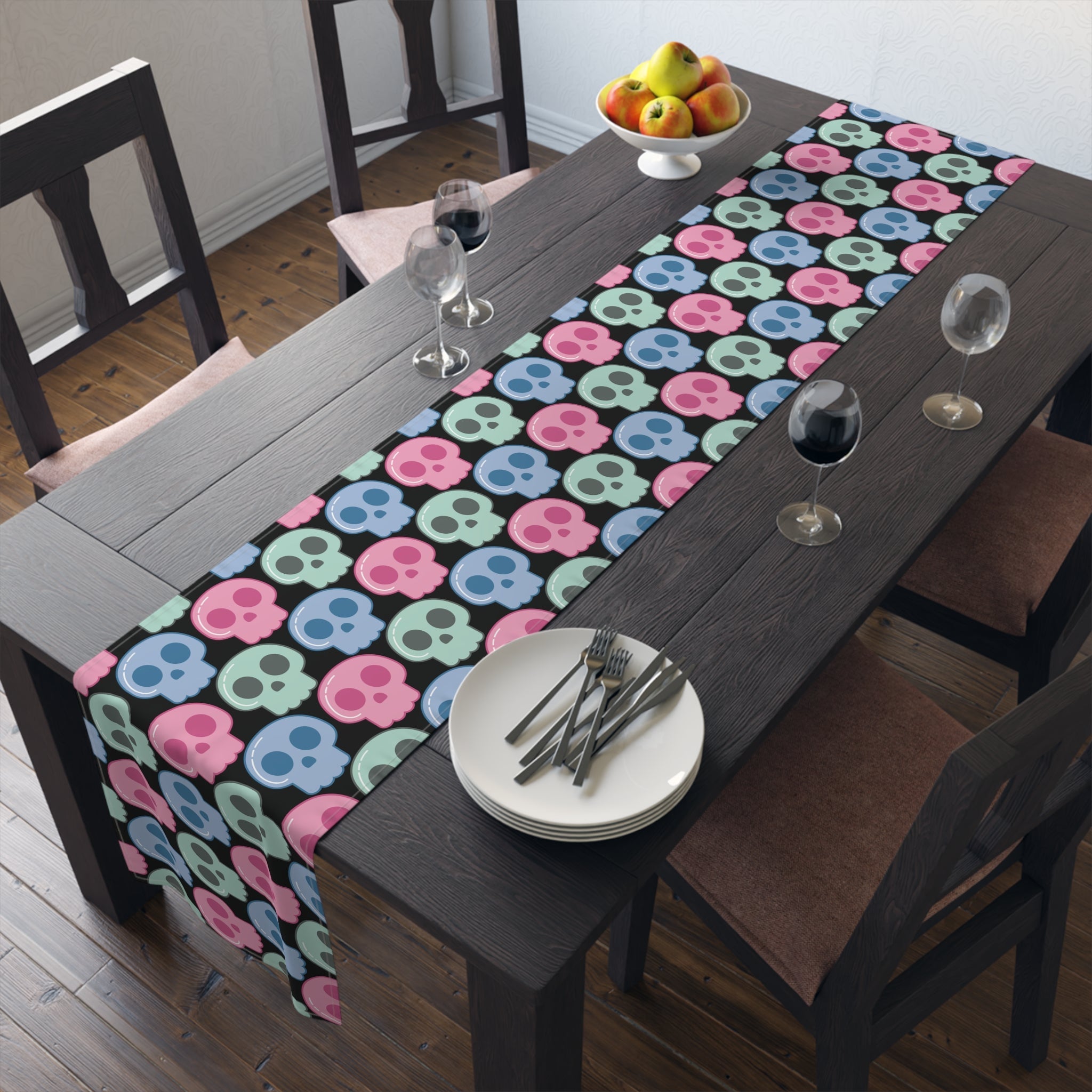 Pastel Goth Skulls Cute Halloween Black Decor Cotton Poly Table Runner