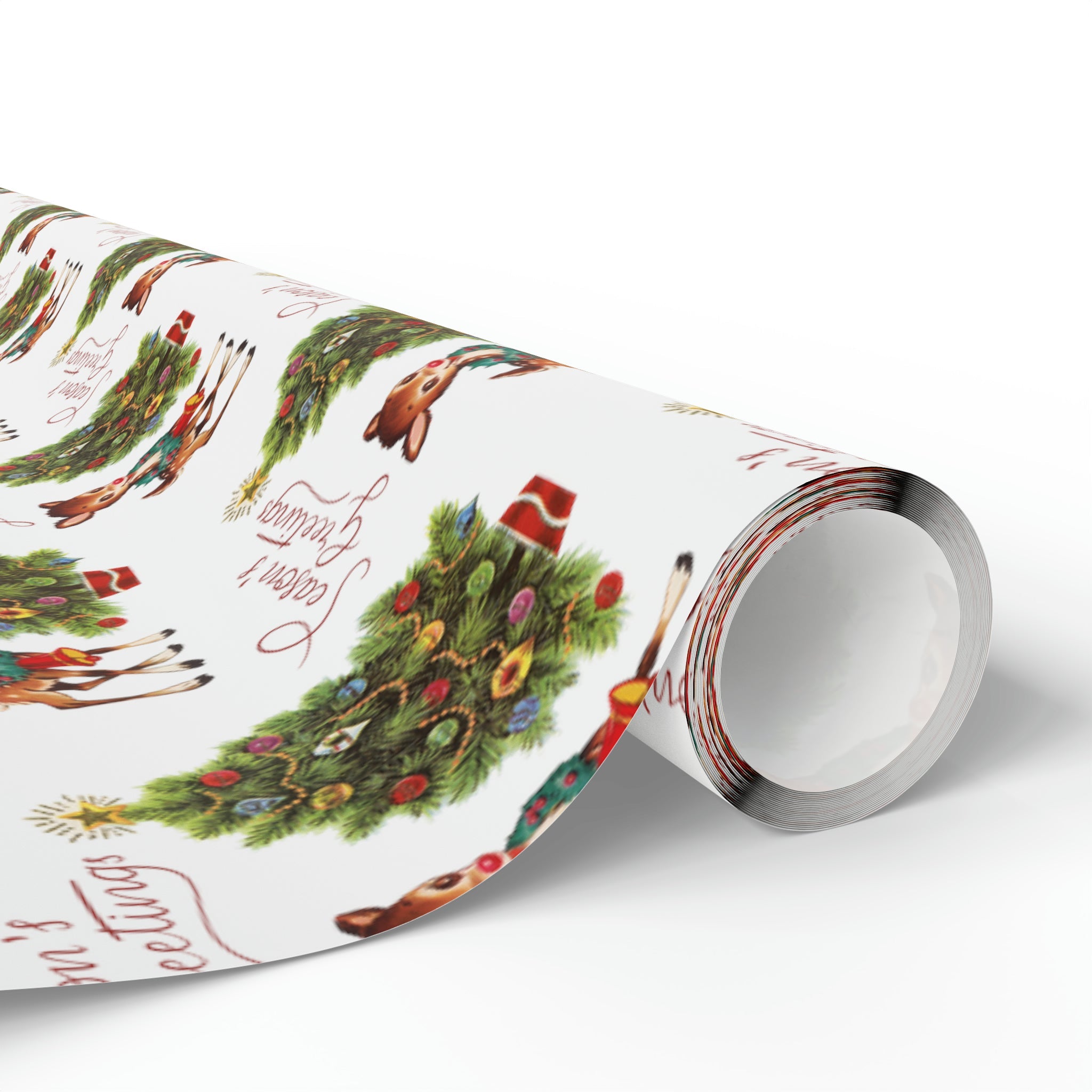 Season's Greetings Reindeer With Wreath And Christmas Tree Mid Century Retro Christmas Print Holiday Gift Wrap Paper - Glossy Or Matte