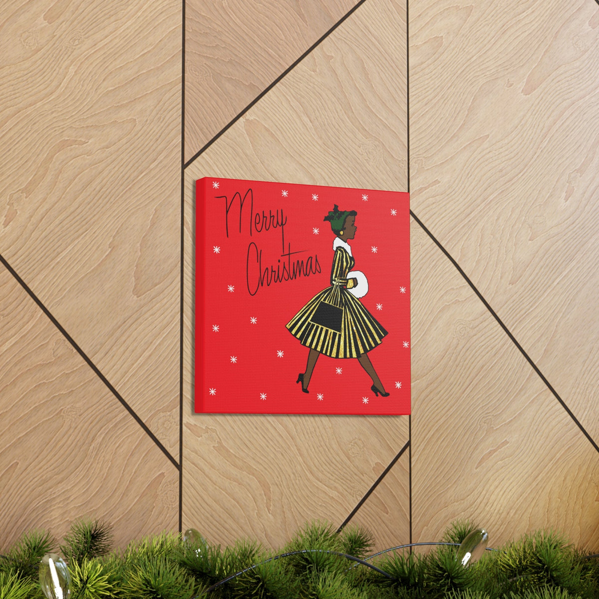 Merry Christmas Lady Mid Century Retro Print Canvas Gallery Wrap