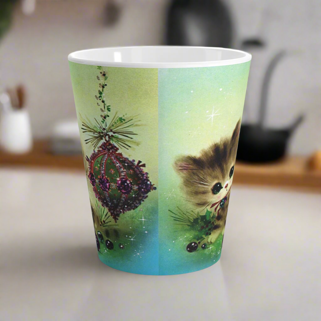 Christmas Kitten With Ornaments Retro Latte Coffee Mug