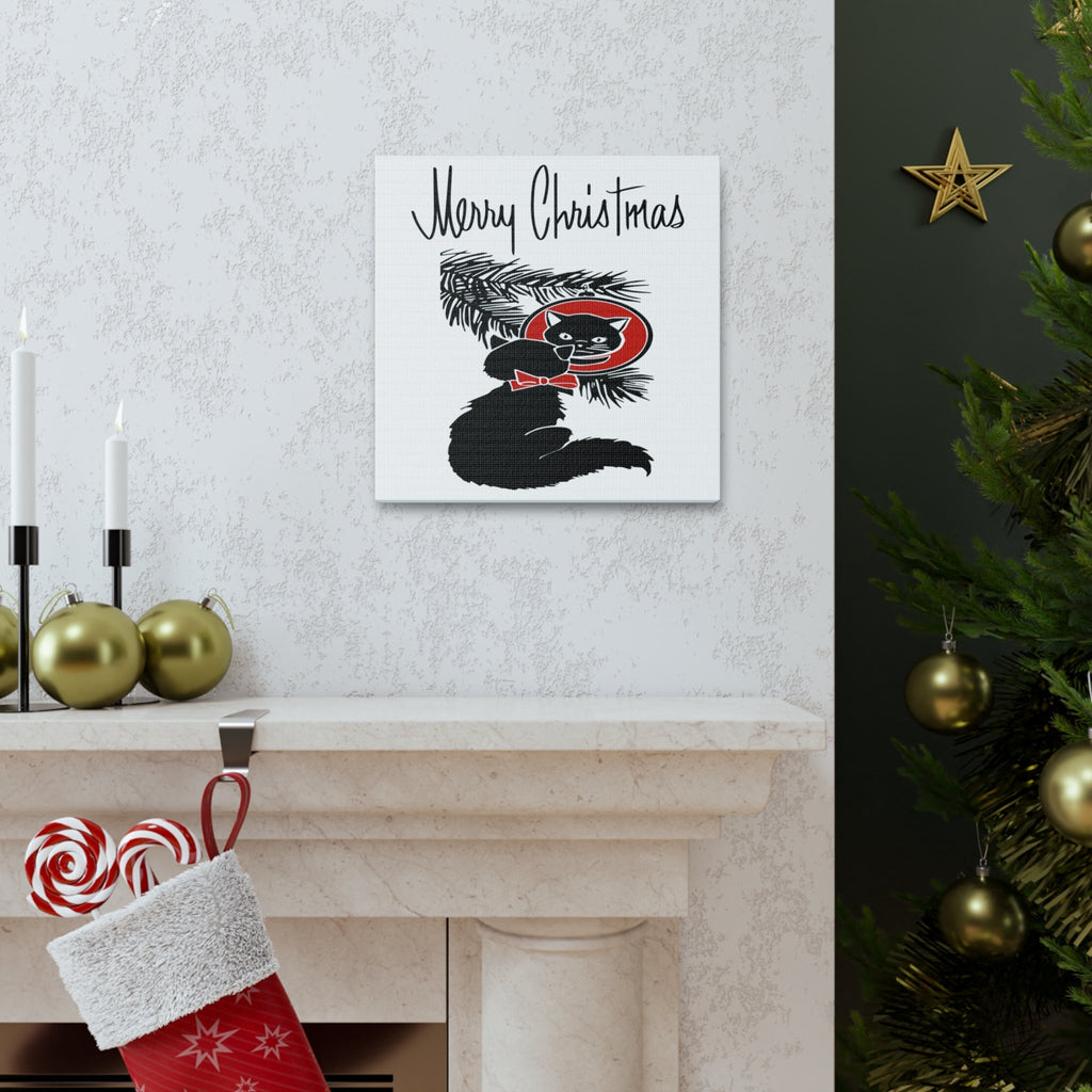 Merry Christmas Black Cat Retro Print Canvas Gallery Wrap