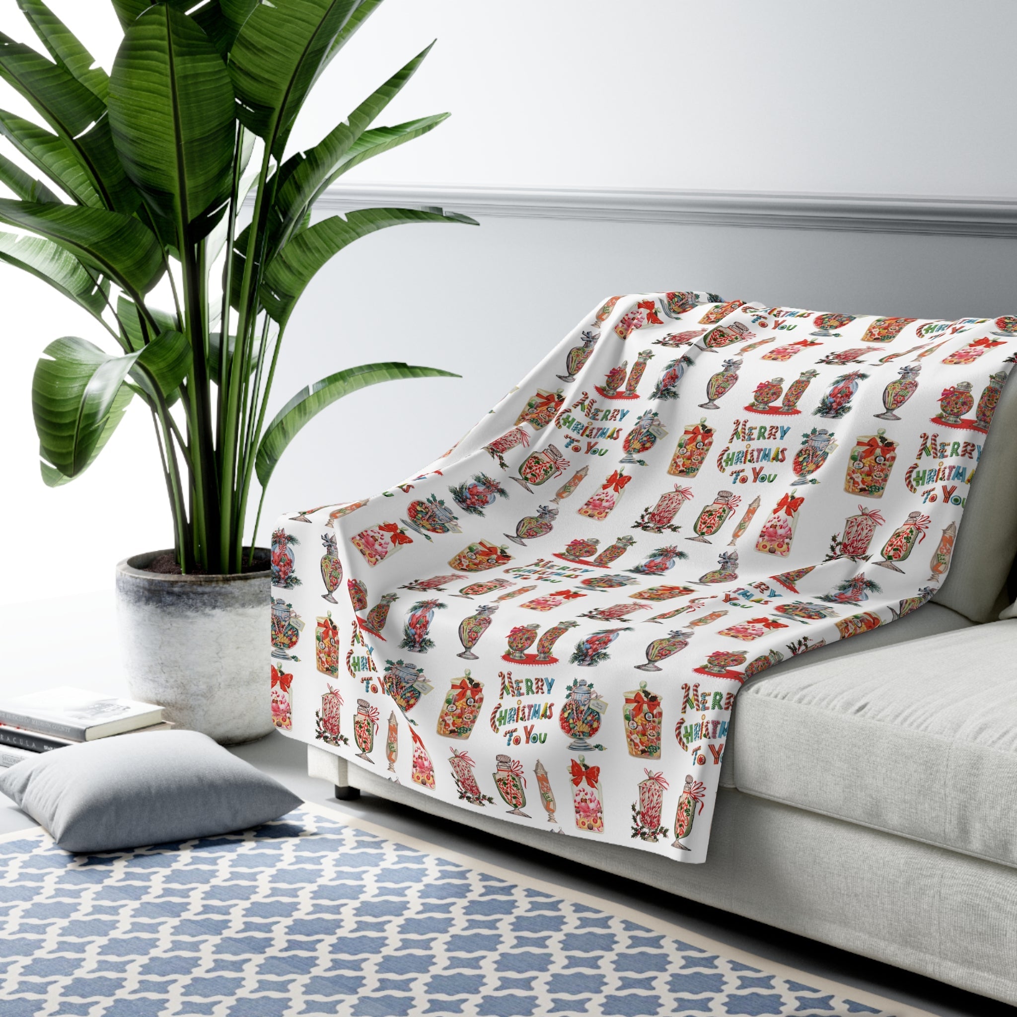 Merry Christmas To You Christmas Candy Mid Century Retro Print Sherpa Fleece Blanket