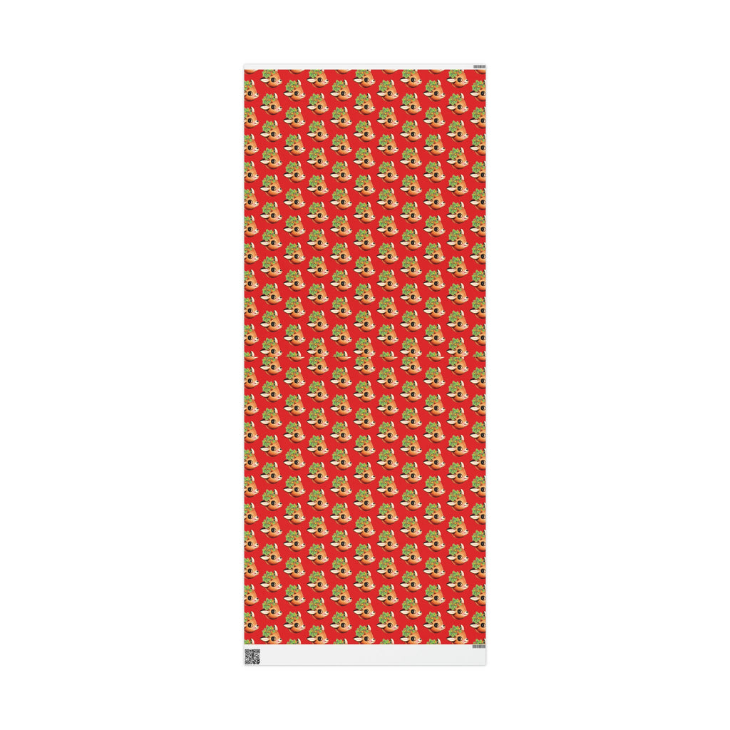 Reindeer With Holly And Bells Red Mid Century Retro Christmas Print Holiday Gift Wrap Paper - Glossy Or Matte