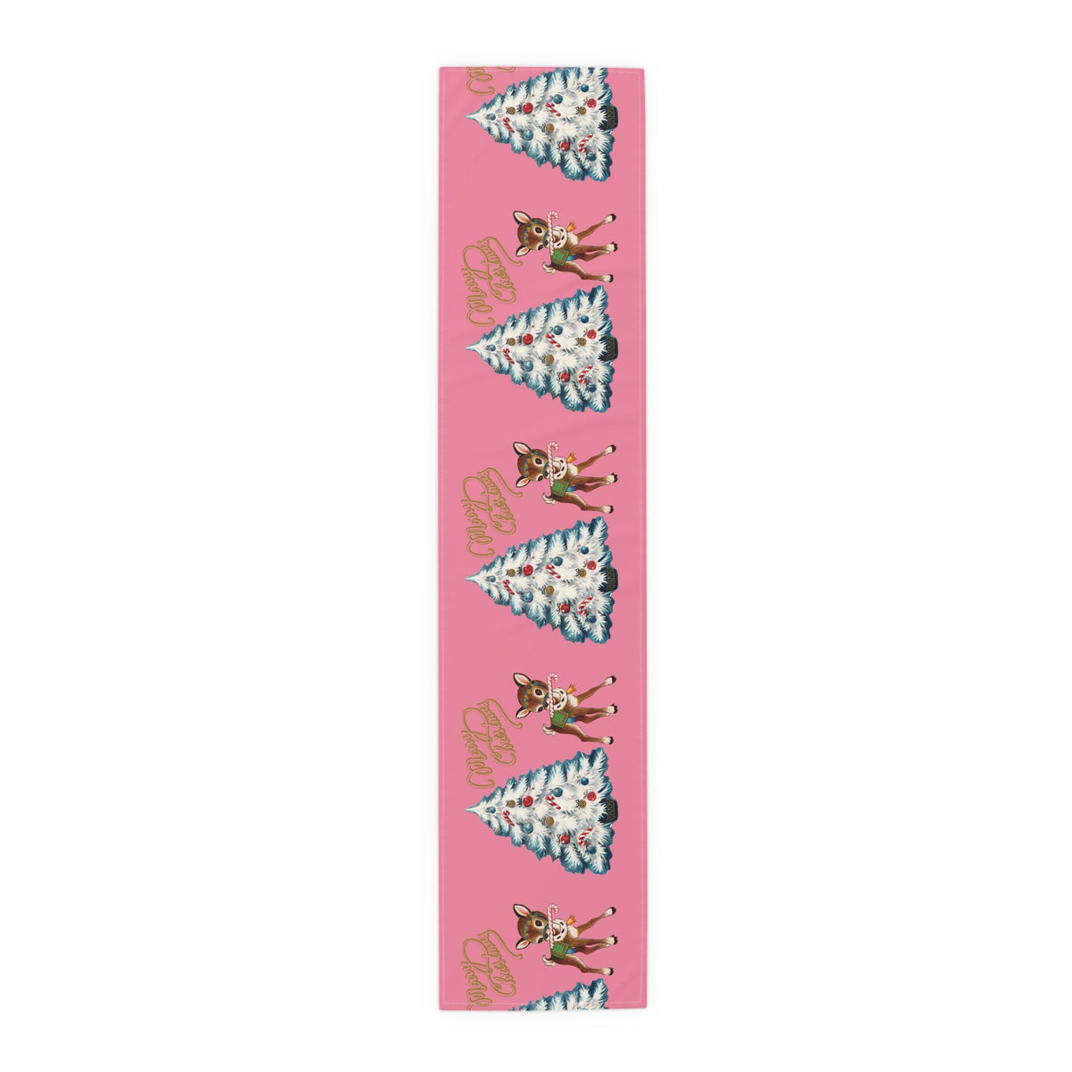 Merry Christmas Tree And Reindeer Pink Retro Christmas Print Home Decor Cotton Poly Table Runner