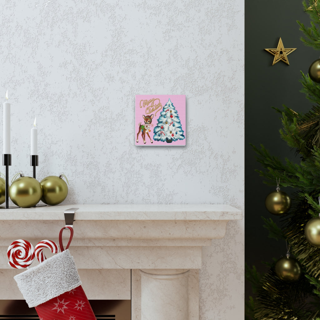 Reindeer Merry Christmas Mid Century Retro Pink Christmas Canvas Gallery Wrap