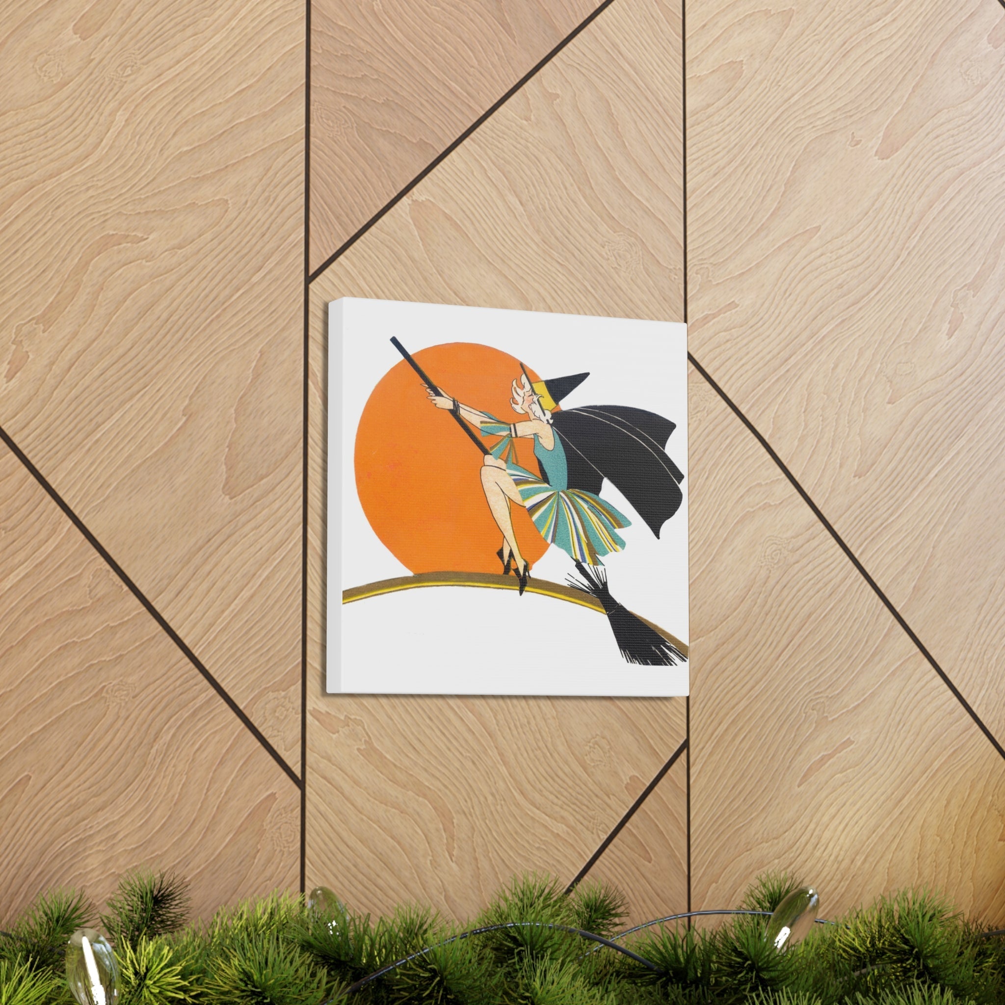 Flapper Witch On Broom Orange Moon Retro Halloween Decor Print Canvas Gallery Wrap