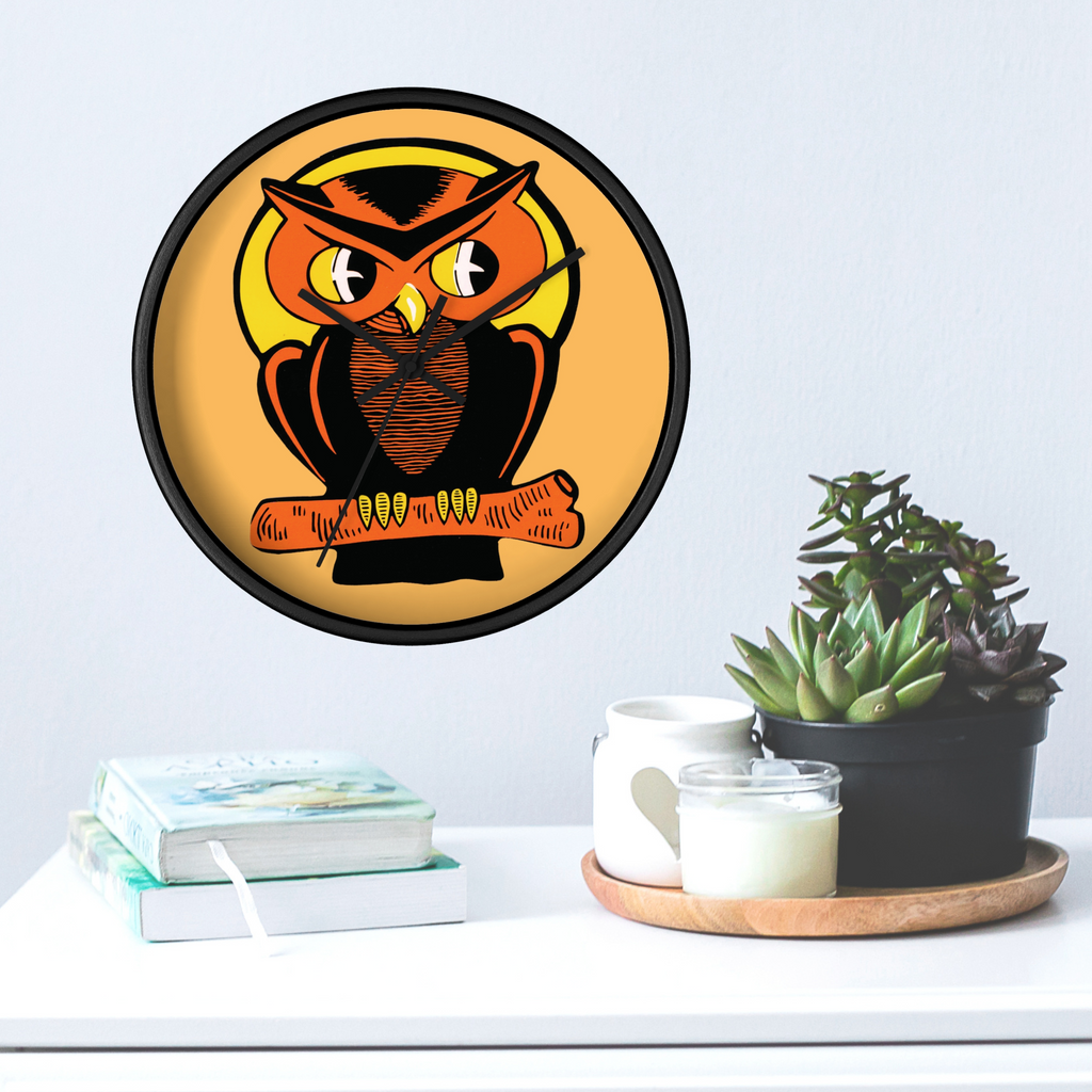 Orange Owl Yellow Moon Retro Halloween Fall Black Wooden Wall Clock