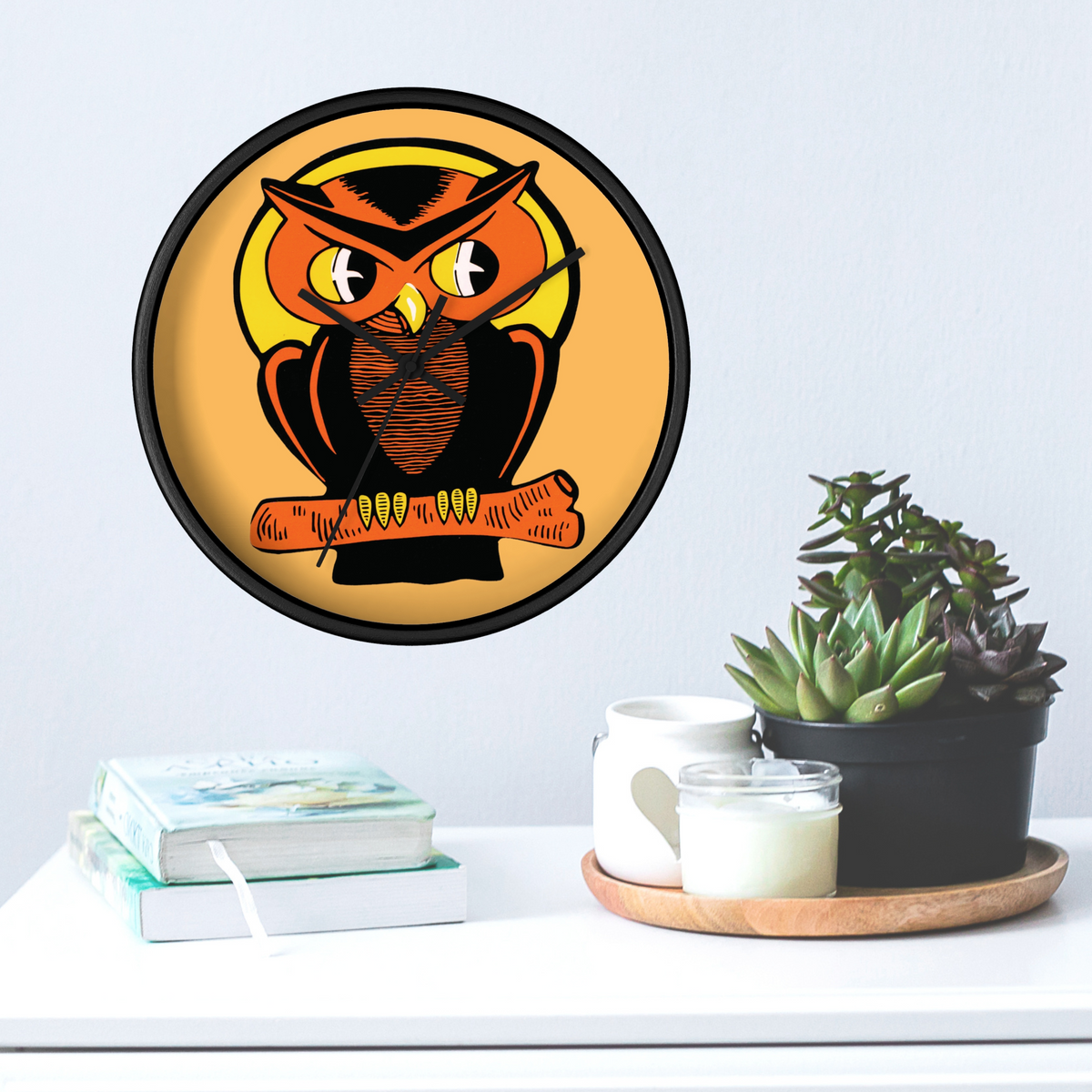 Orange Owl Yellow Moon Retro Halloween Fall Black Wooden Wall Clock