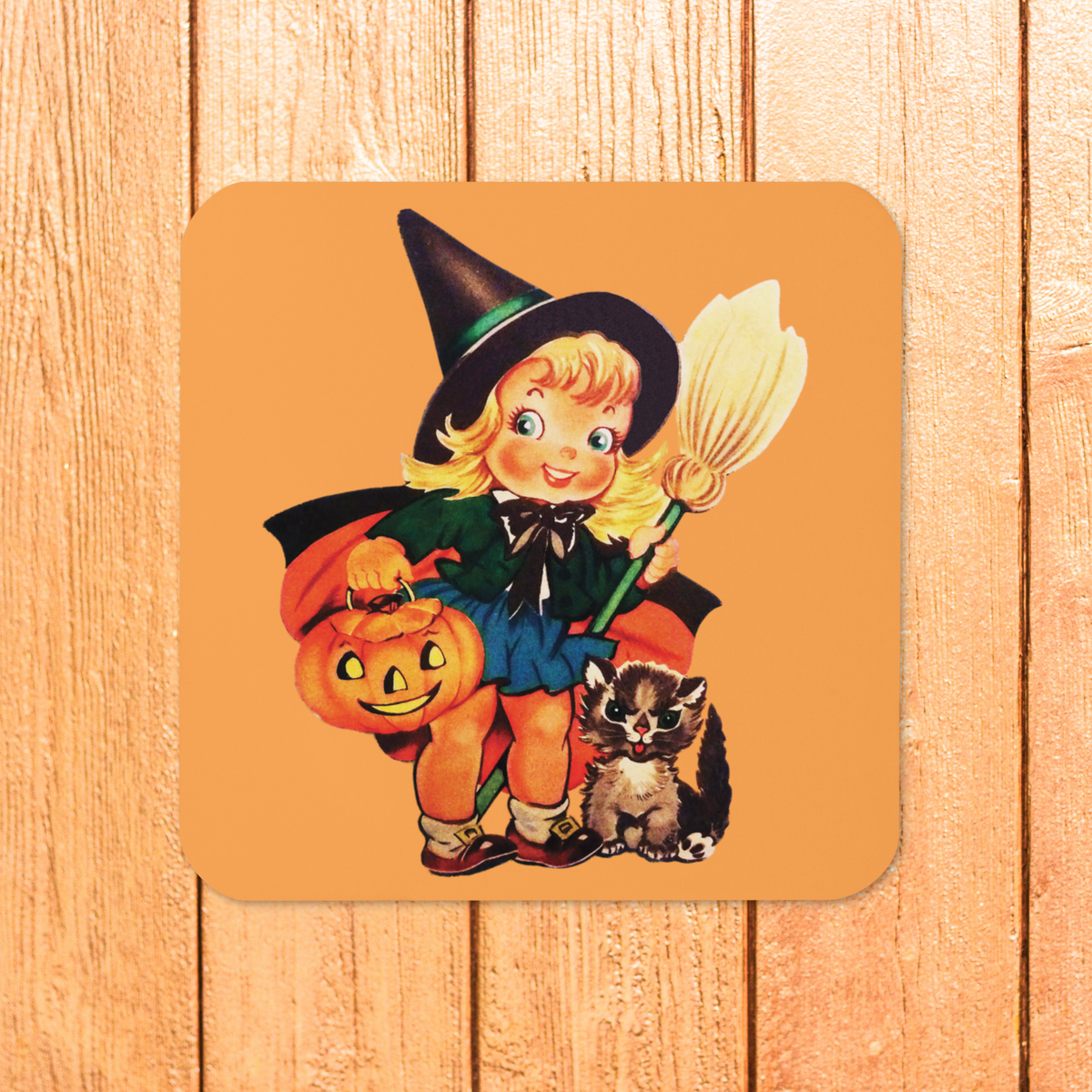 Little Witch With Cat And Broom Retro Halloween Cork-back Coaster