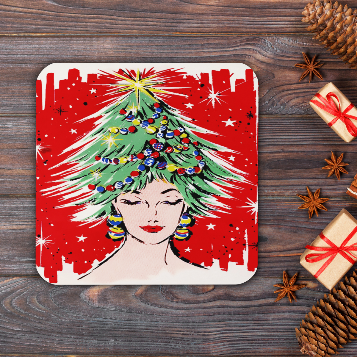 Christmas Tree Hat Lady Midcentury Retro Cork-back Coaster