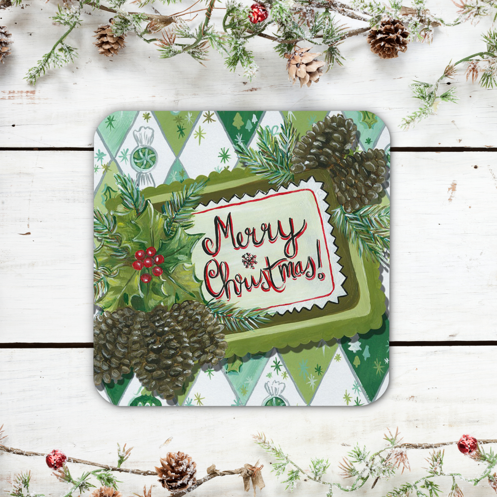 Merry Christmas Pinecones Retro Cork-back Coaster