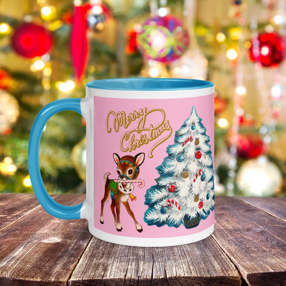 Merry Christmas Retro Reindeer Christmas Tree Lined Blue Ceramic Mug