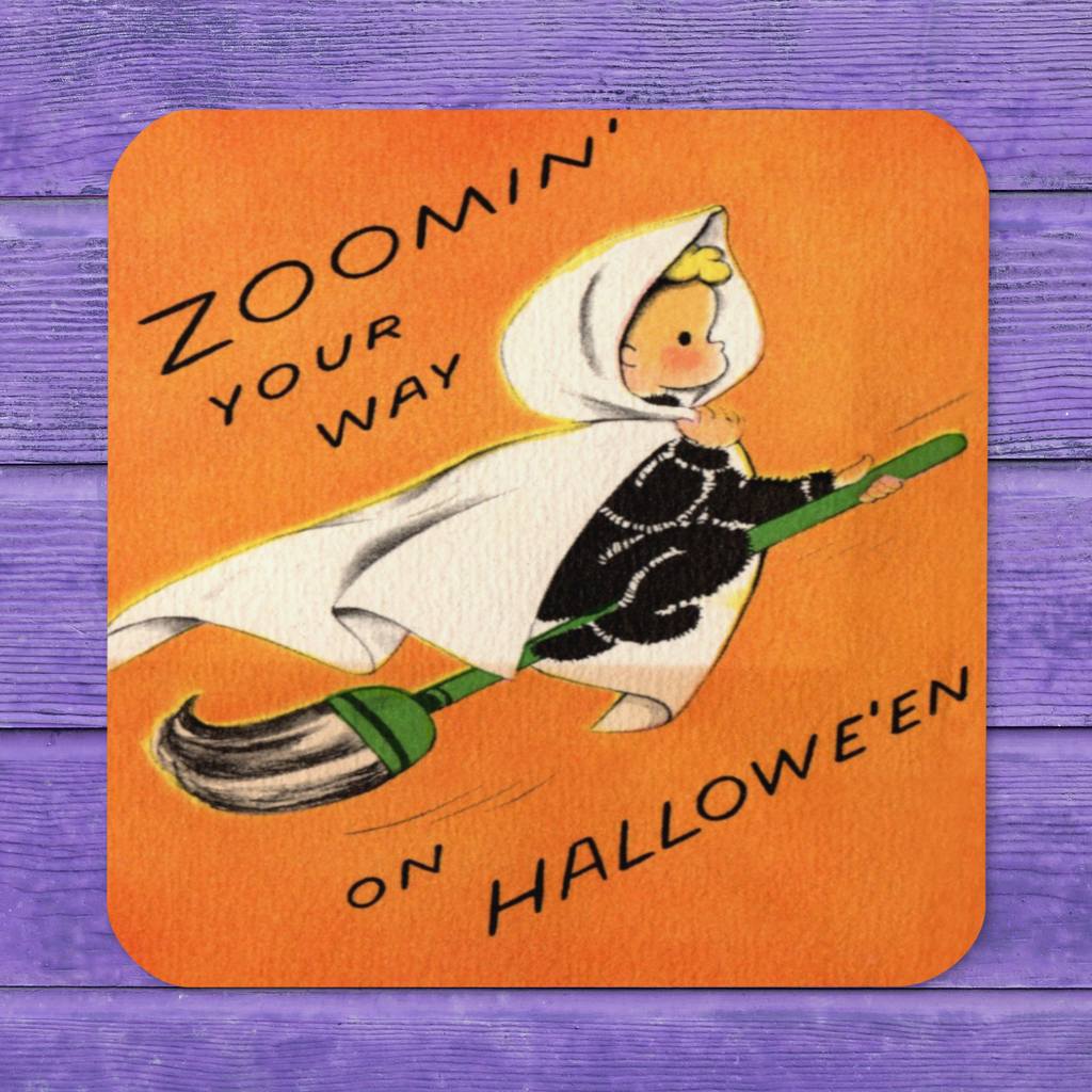 Zoomin' Your Way On Halloween Orange Witch Halloween Retro Cork-back Coaster