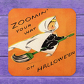 Zoomin' Your Way On Halloween Orange Witch Halloween Retro Cork-back Coaster