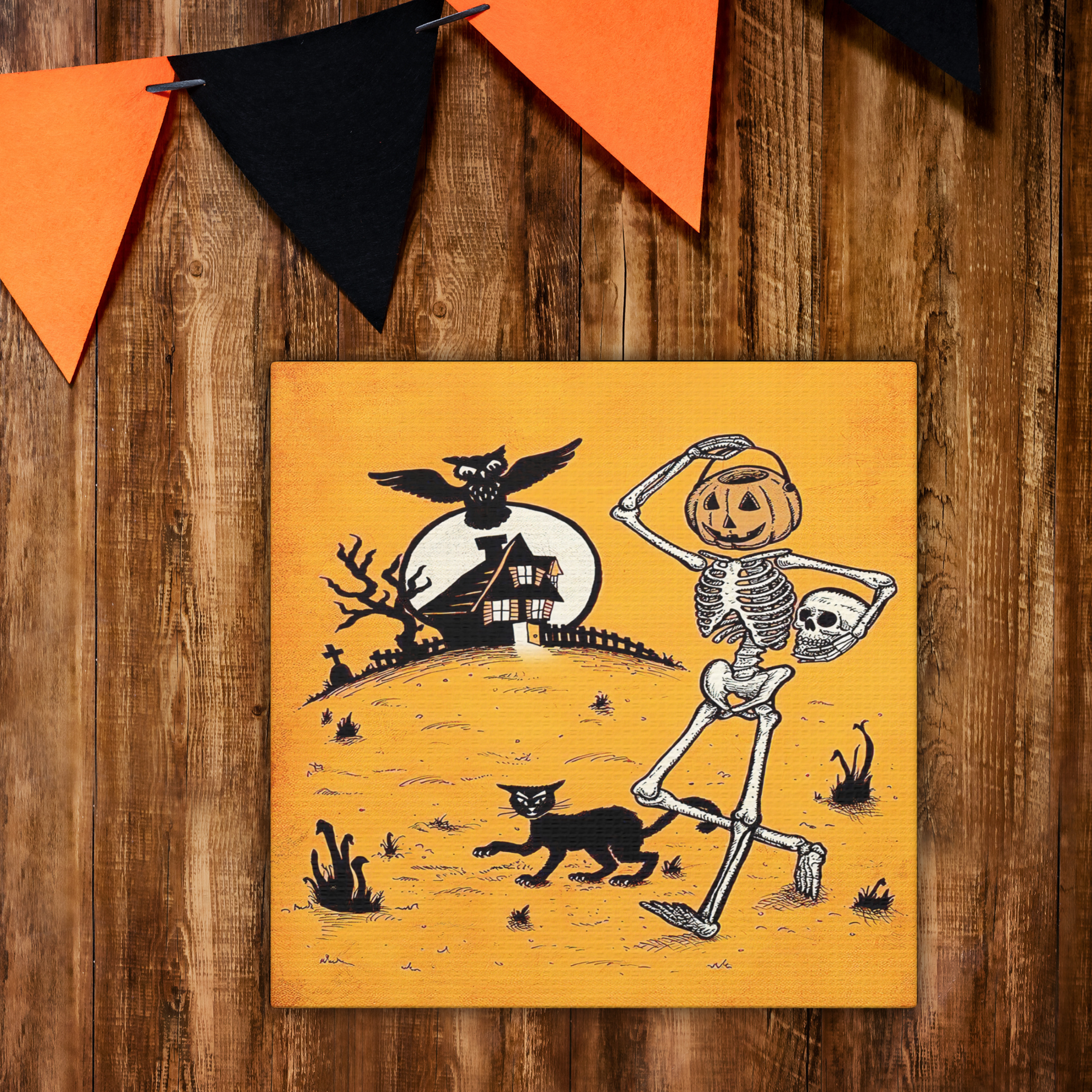Skeleton Jack O Lantern Black Cat Owls Retro Halloween Vintage Art Canvas Gallery Wrap