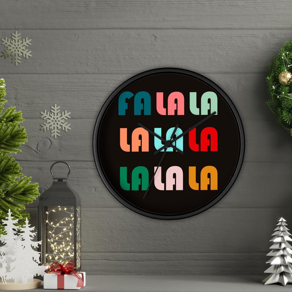 Fa La La La Christmas Retro Style Black Wooden Wall Clock
