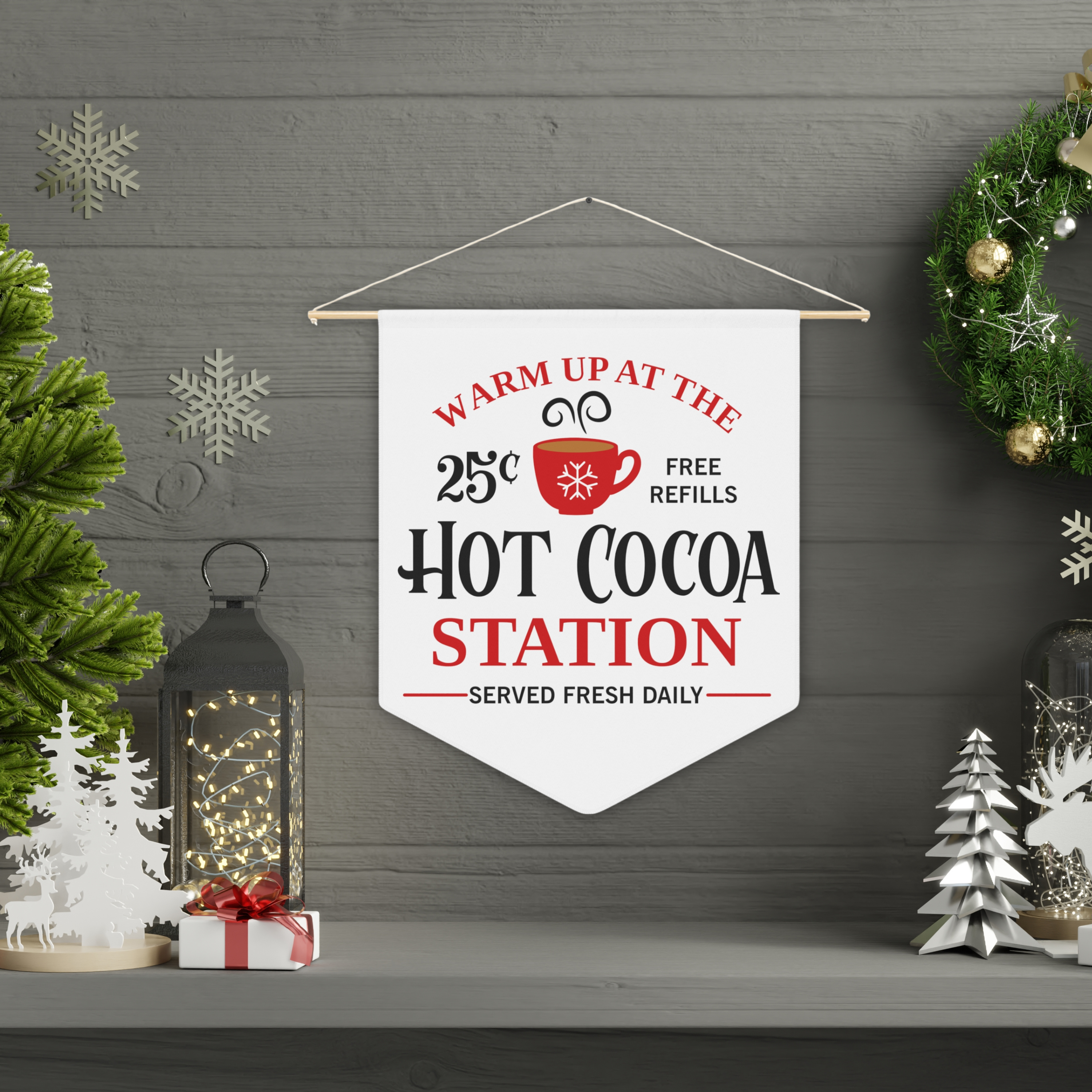 Warm Up At The Hot Cocoa Station Christmas Wall Hanging Banner Flag