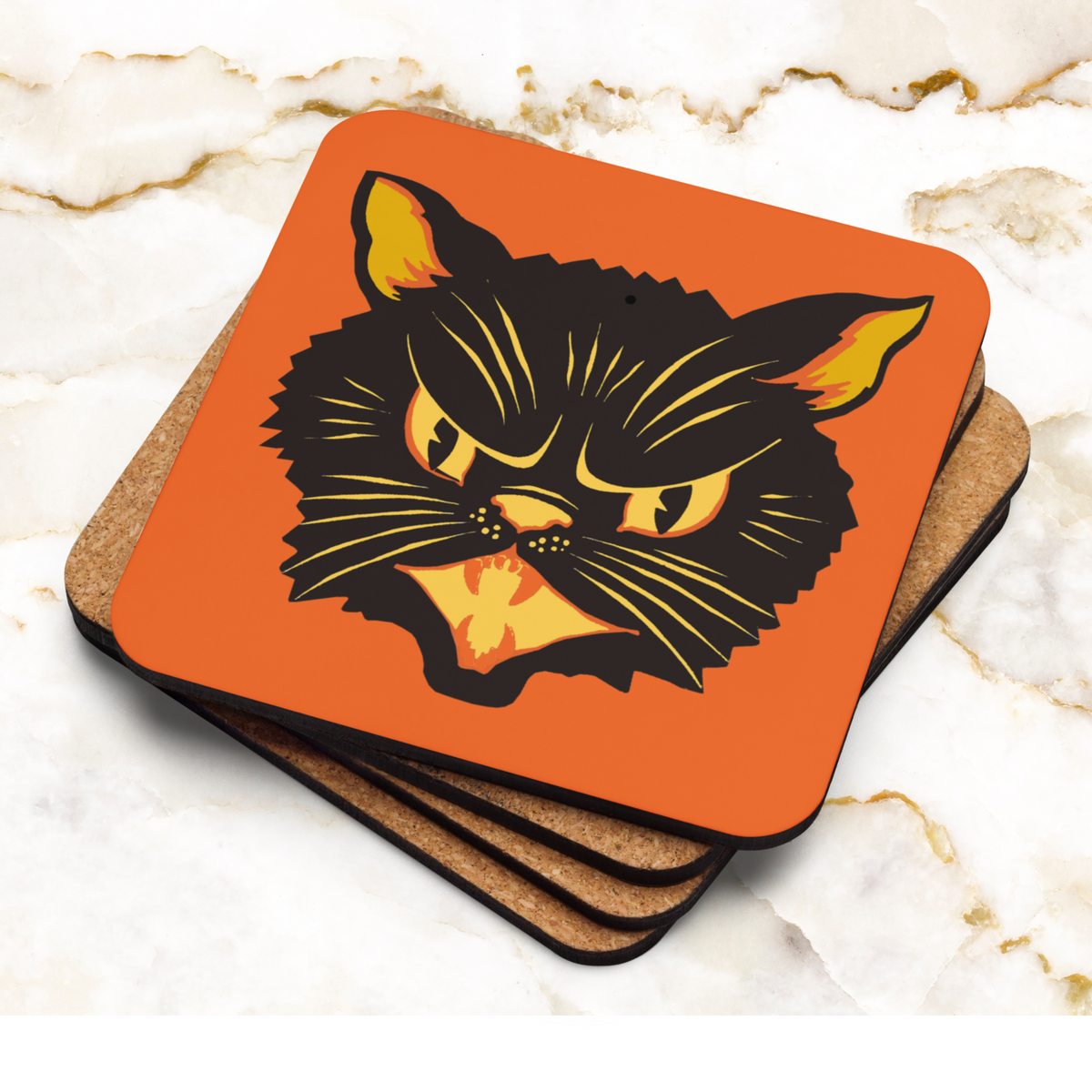 Black Cat Vintage Retro Halloween Print Orange Cork-back Coaster