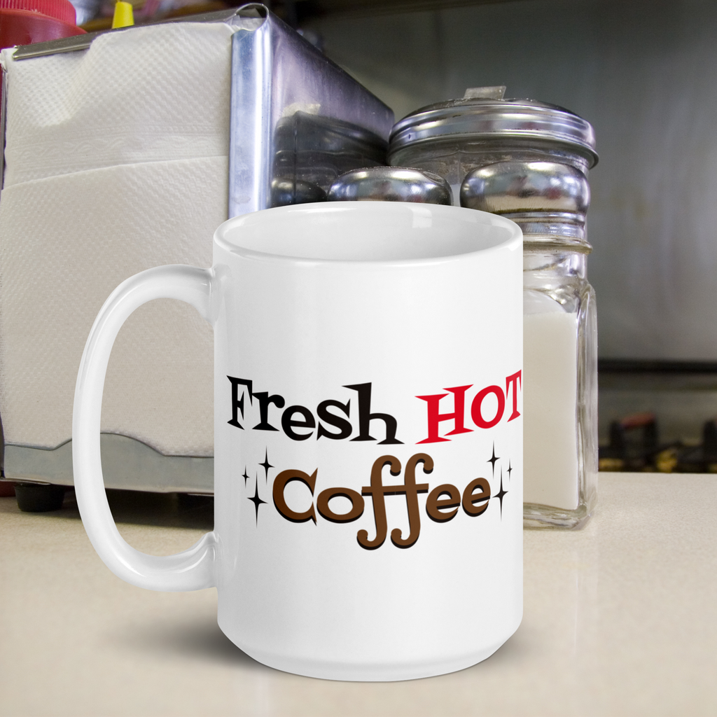 Fresh Hot Coffee Starburst Atomic Mid Century Retro Style White Glossy Coffee Mug