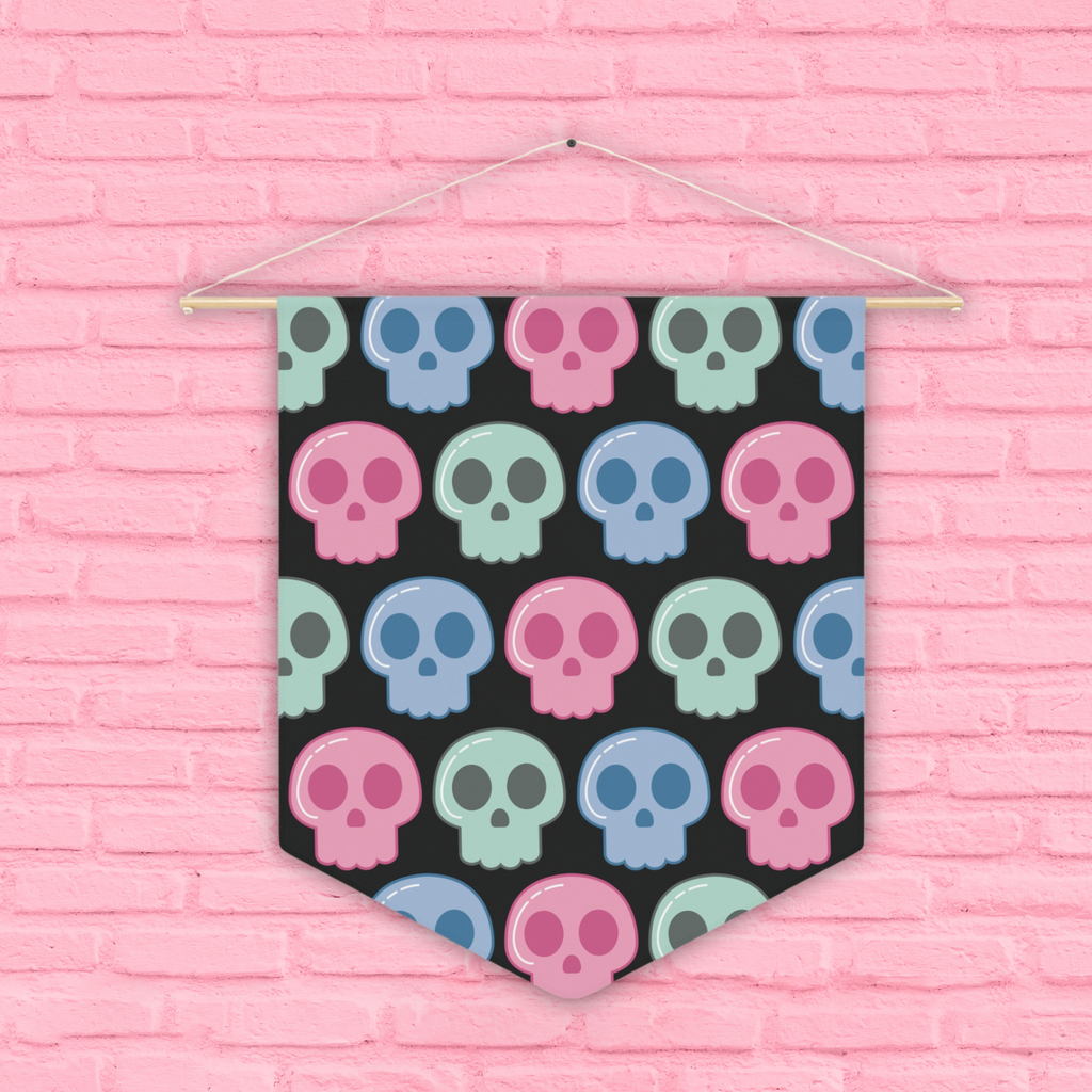 Pastel Goth Skulls Cute Halloween Skulls Print Black Pennant Banner Wall Hanging