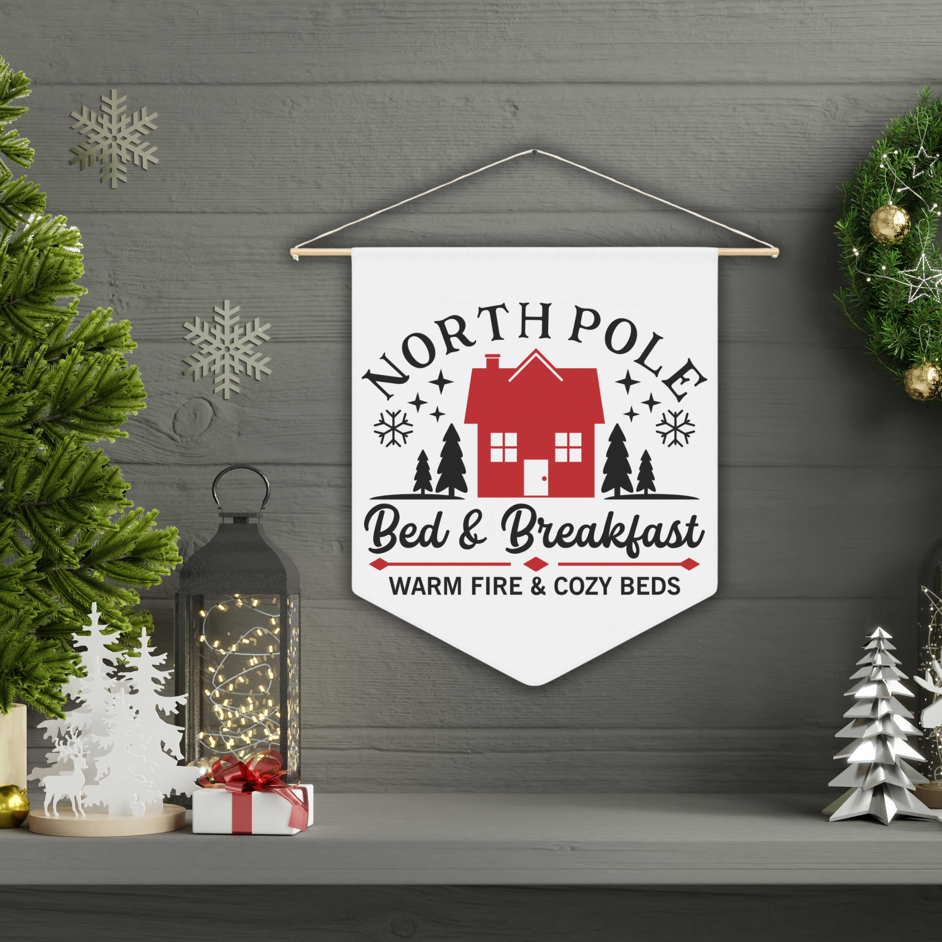 North Pole Bed And Breakfast Warm Fire And Cozy Beds Christmas Wall Hanging Banner Flag