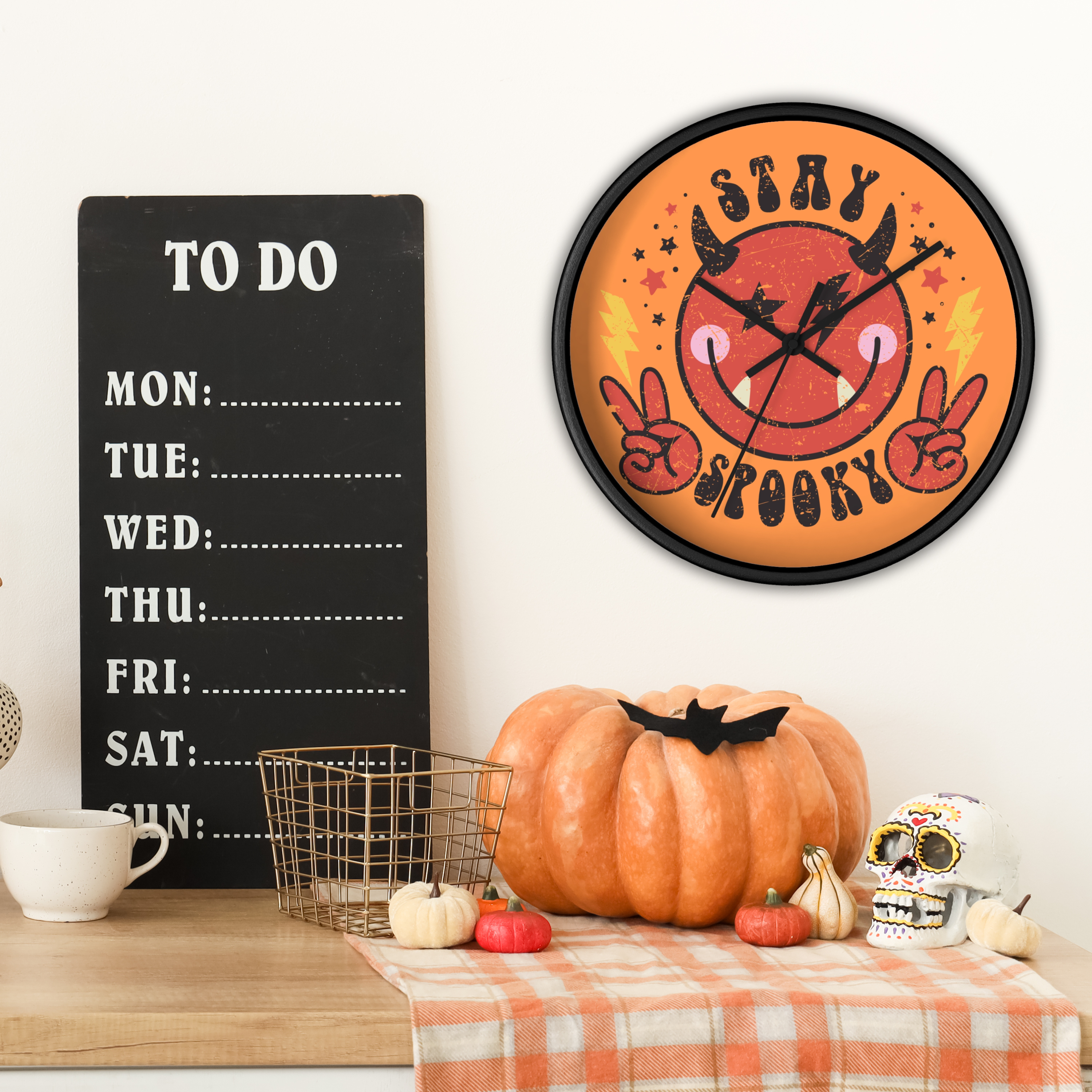 Stay Spooky Cute Devil Distressed Halloween Print Black Wall Clock