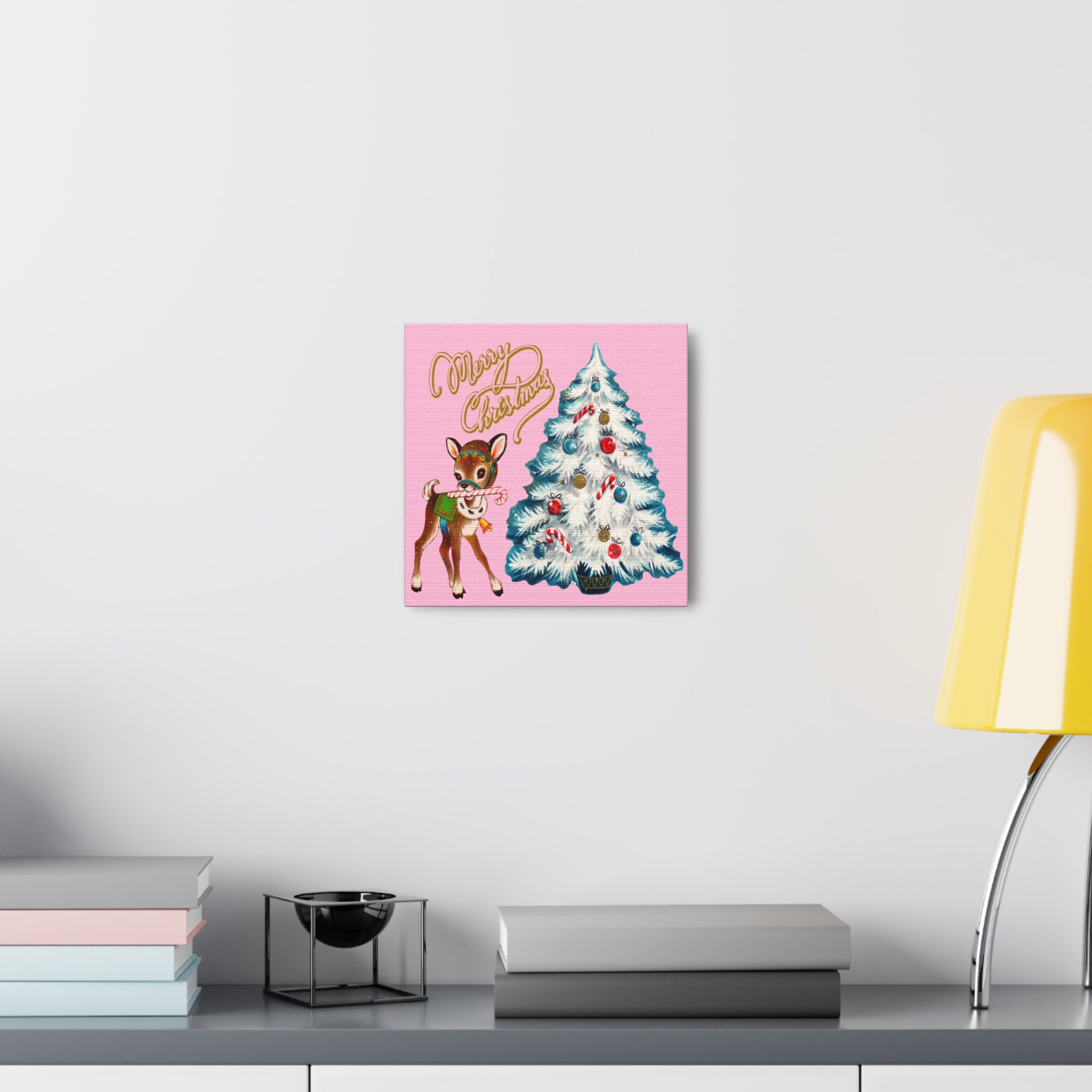 Reindeer Merry Christmas Mid Century Retro Pink Christmas Canvas Gallery Wrap