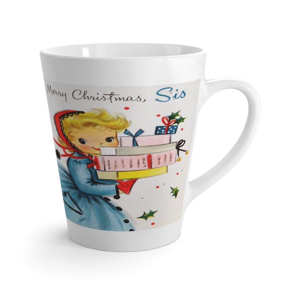 Merry Christmas Sis Christmas Lady Holding Presents Mid Century Retro Christmas Print Latte Coffee Mug