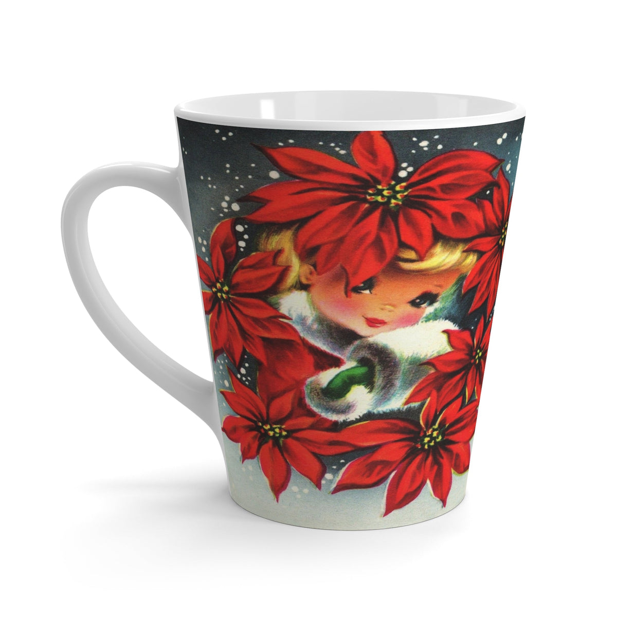 Girl With Poinsettias Retro Christmas Print Latte Coffee Mug
