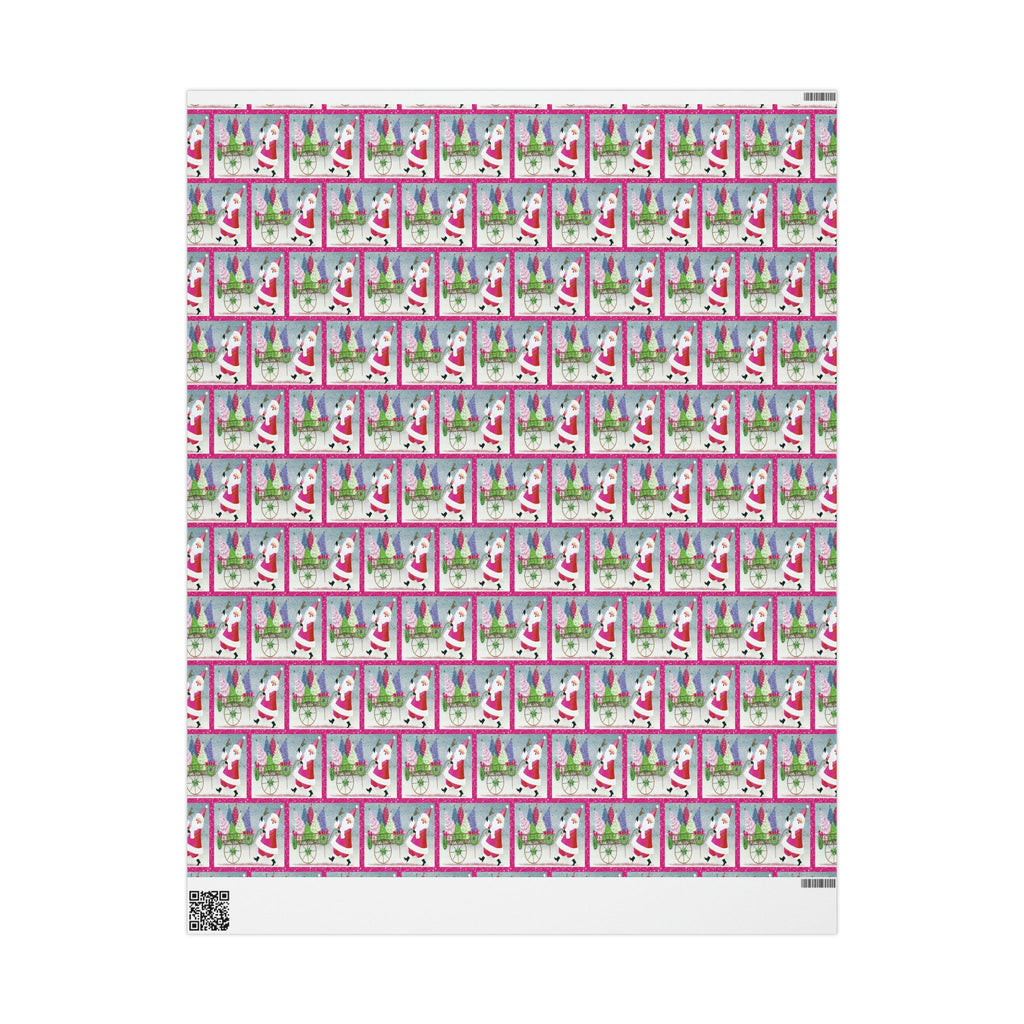 Pink Santa With Trees And Bell Mid Century Retro Christmas Print Holiday Gift Wrap Paper - Glossy Or Matte