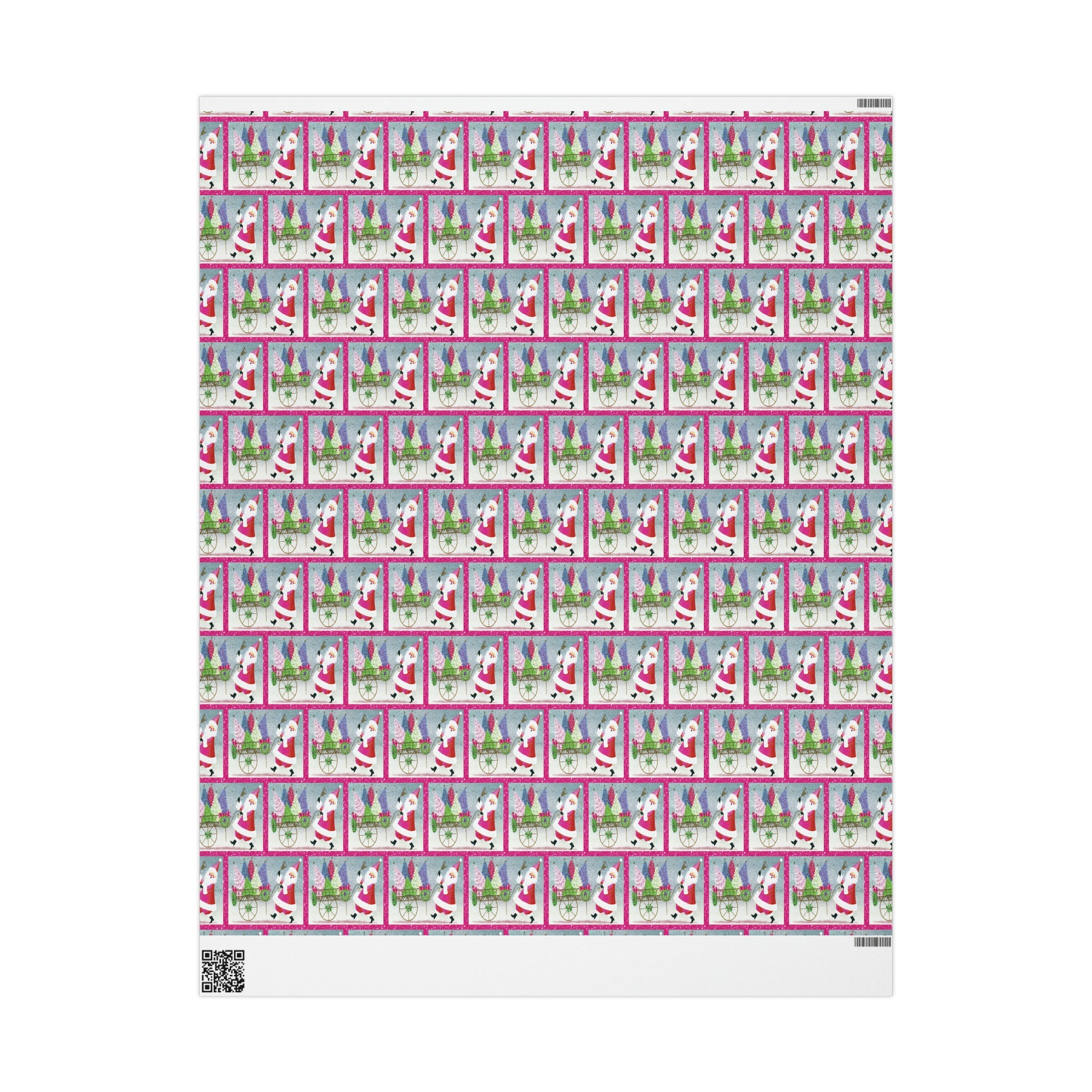 Pink Santa With Trees And Bell Mid Century Retro Christmas Print Holiday Gift Wrap Paper - Glossy Or Matte