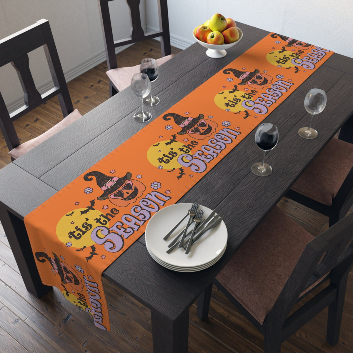 Tis The Season Pumpkin Witch Distressed Halloween Print Fall Autumn Decor Cotton Poly Table Runner