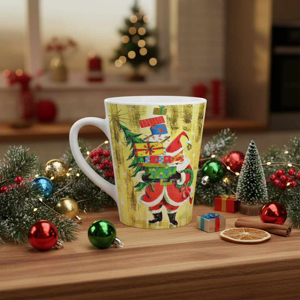 Santa With Presents Yellow Mid Century Retro Christmas Print Latte Coffee Mug