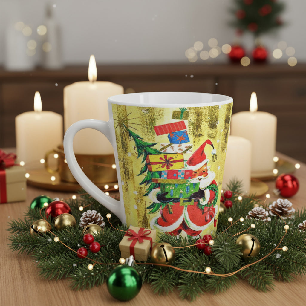Santa With Presents Yellow Mid Century Retro Christmas Print Latte Coffee Mug