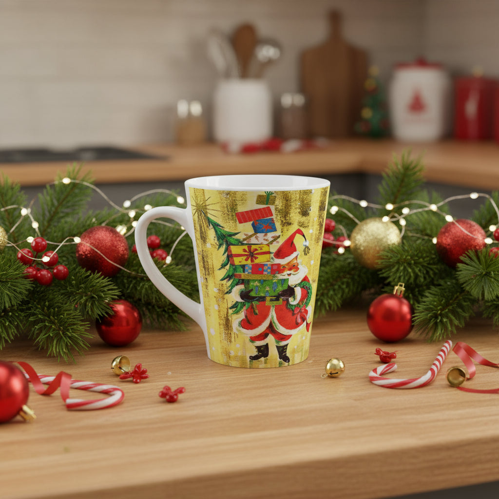 Santa With Presents Yellow Mid Century Retro Christmas Print Latte Coffee Mug