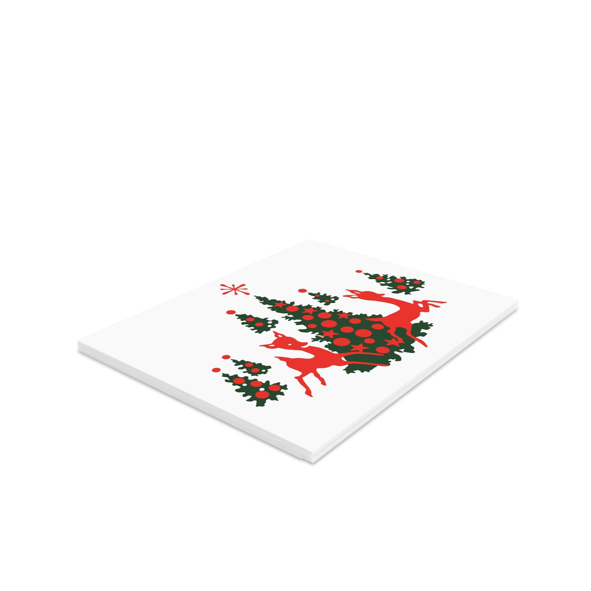 Red Reindeer Christmas Trees Mid Century Retro Christmas Print Matte Greeting Cards (8, 16, and 24 pcs)