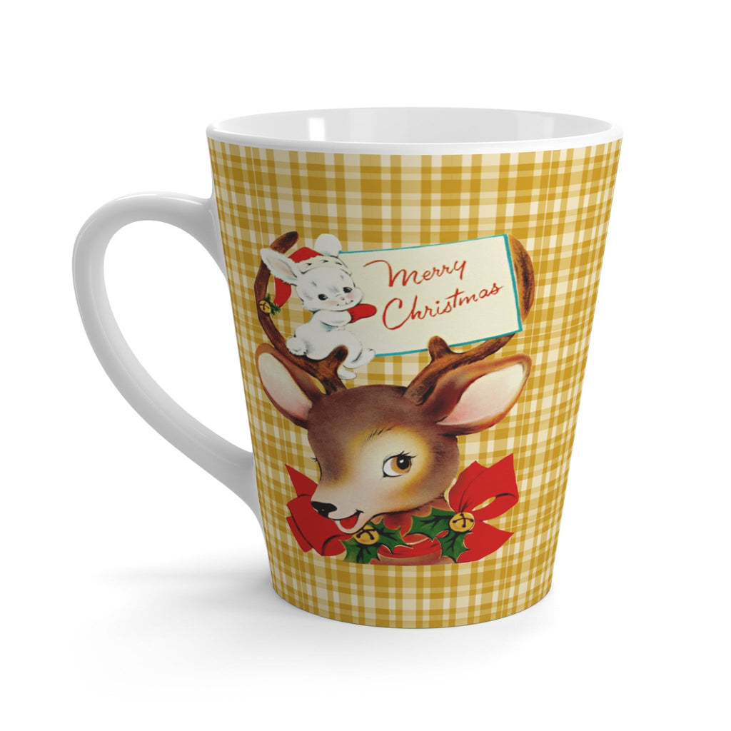 Merry Christmas Reindeer And Bunny Yellow Plaid Mid Century Retro Christmas Latte Mug