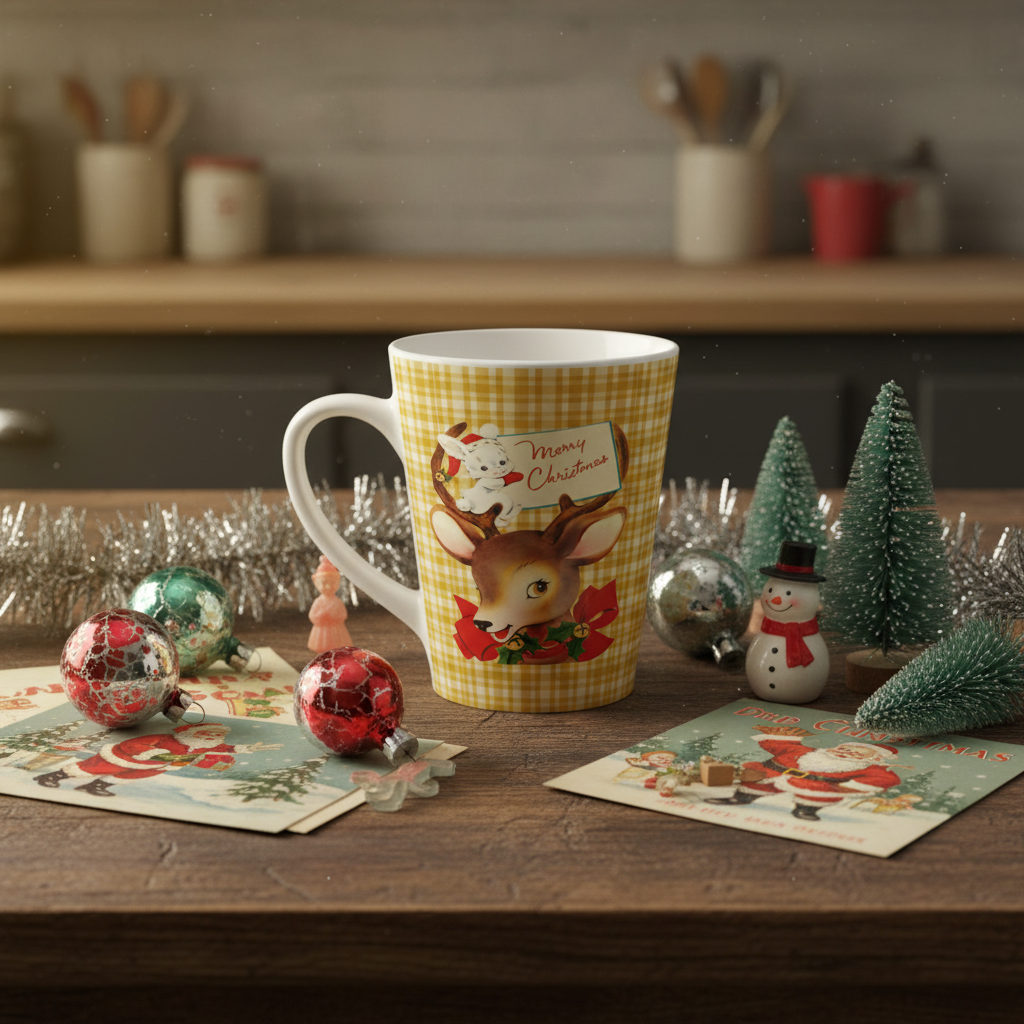 Merry Christmas Reindeer And Bunny Yellow Plaid Mid Century Retro Christmas Latte Mug