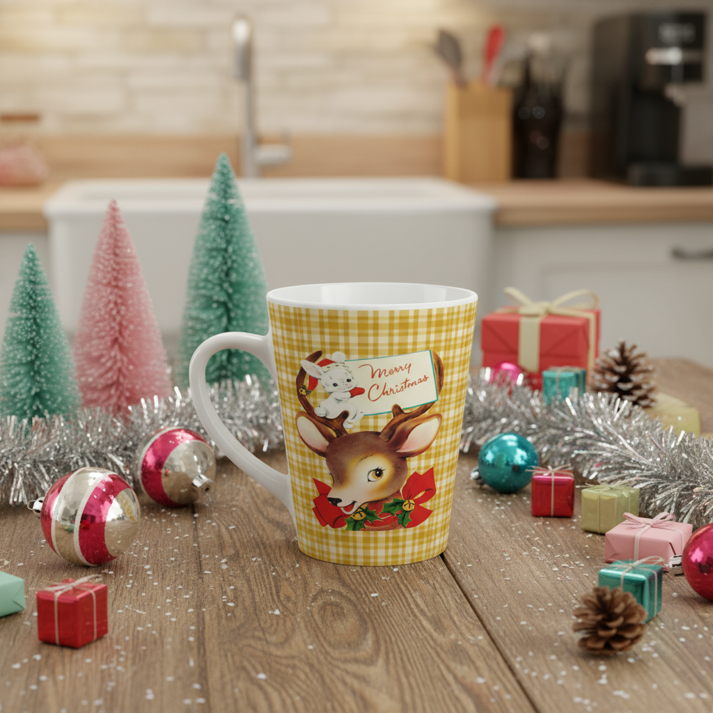Merry Christmas Reindeer And Bunny Yellow Plaid Mid Century Retro Christmas Latte Mug